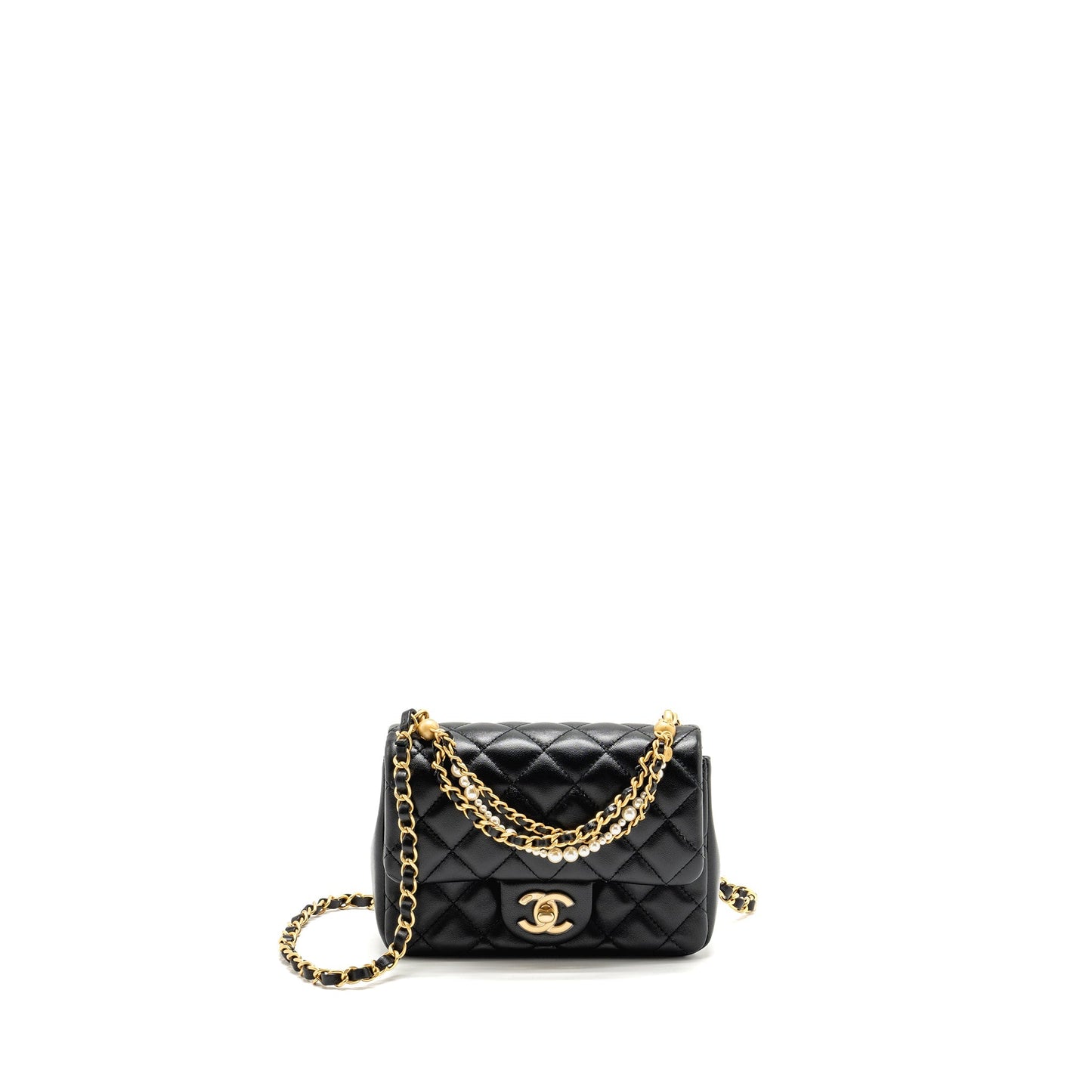 Chanel 24p pearl Flap Lambskin GHW Microchip Black Shoulder Bag