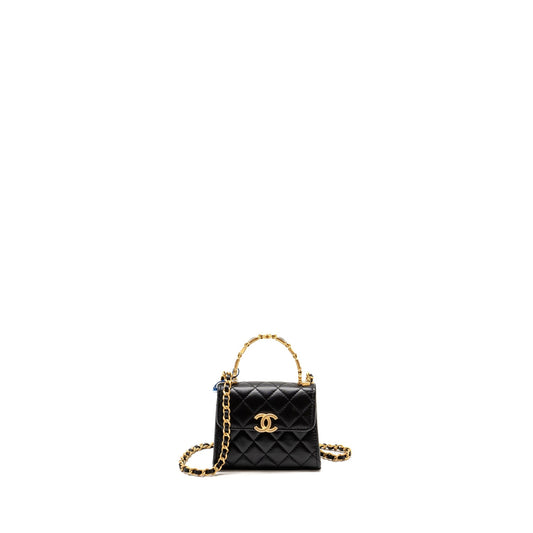 Chanel Detailed Top Handle Lambskin GHW Microchip Black Clutch Bag
