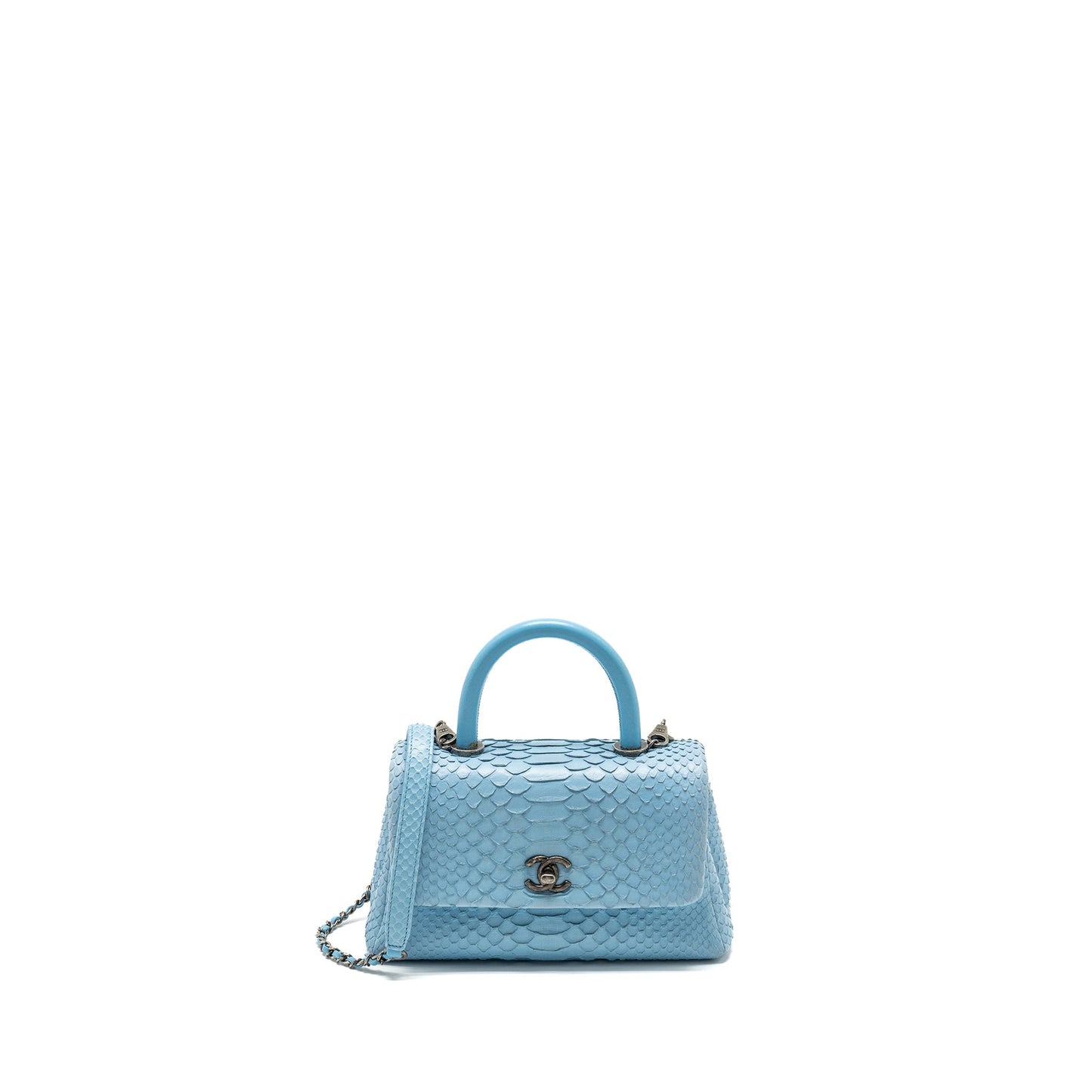 Chanel Coco Handle Python Light Ruthenium Hardware Blue Small Handbag