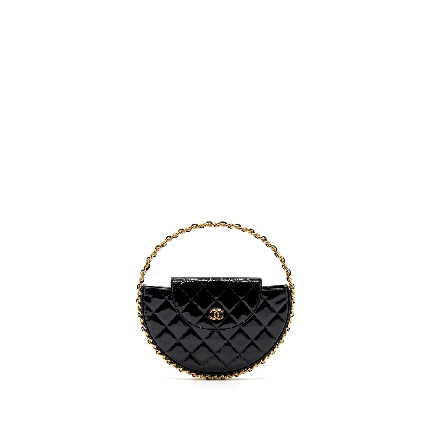 Chanel 23K hoop patent GHW microchip Black Leather Handbag