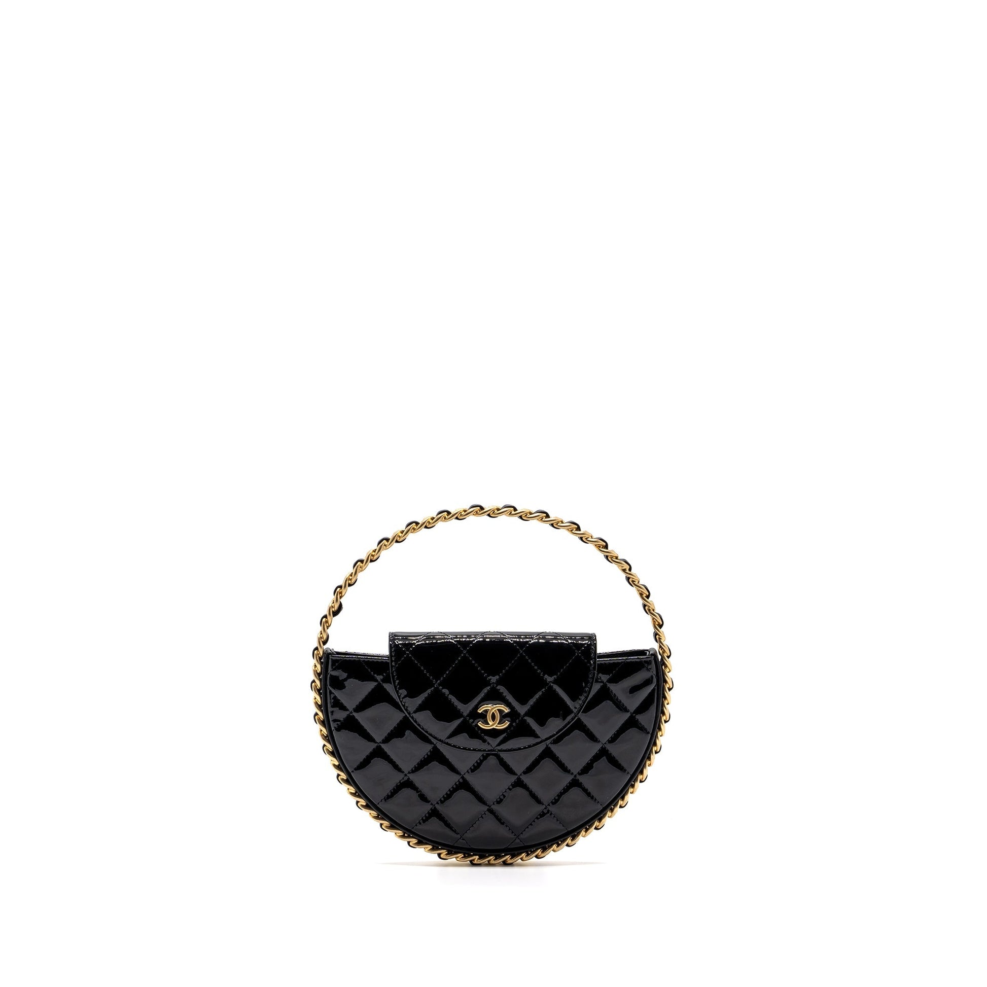 Chanel 23K hoop patent GHW microchip Black Leather Handbag