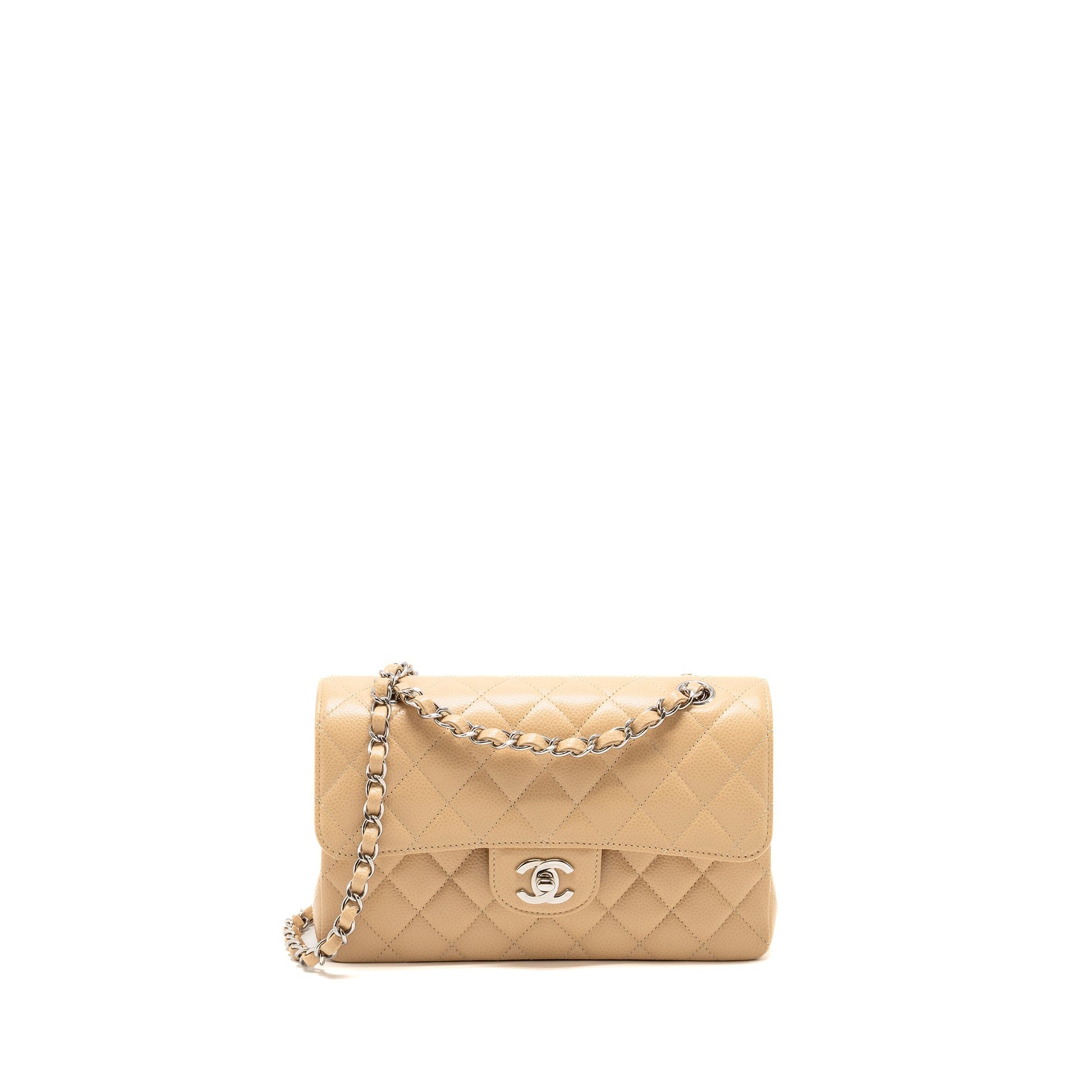 Chanel Classic Double Flap Caviar SHW microchip Orange Beige Small Shoulder Bag