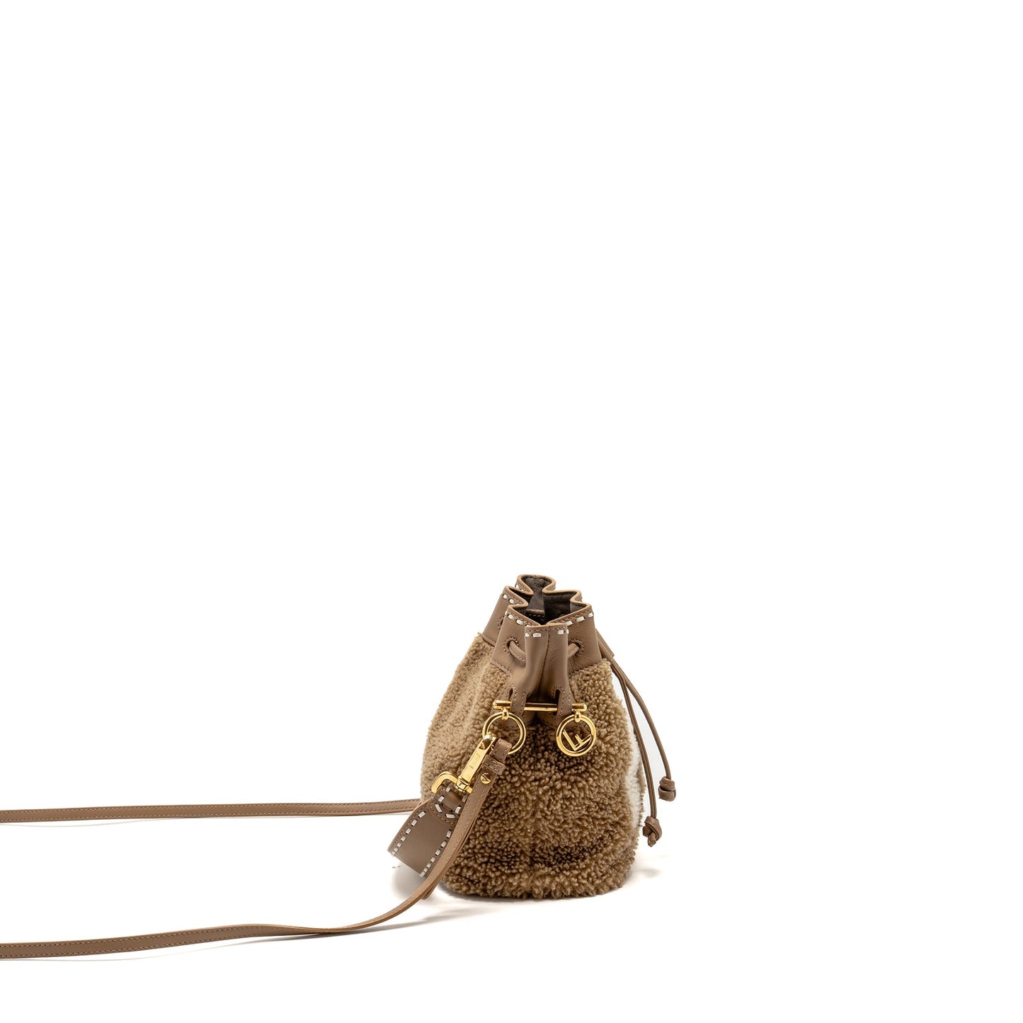 Fendi Mon Tresor Purse Shearling Leather Beige Mini Bucket Bag