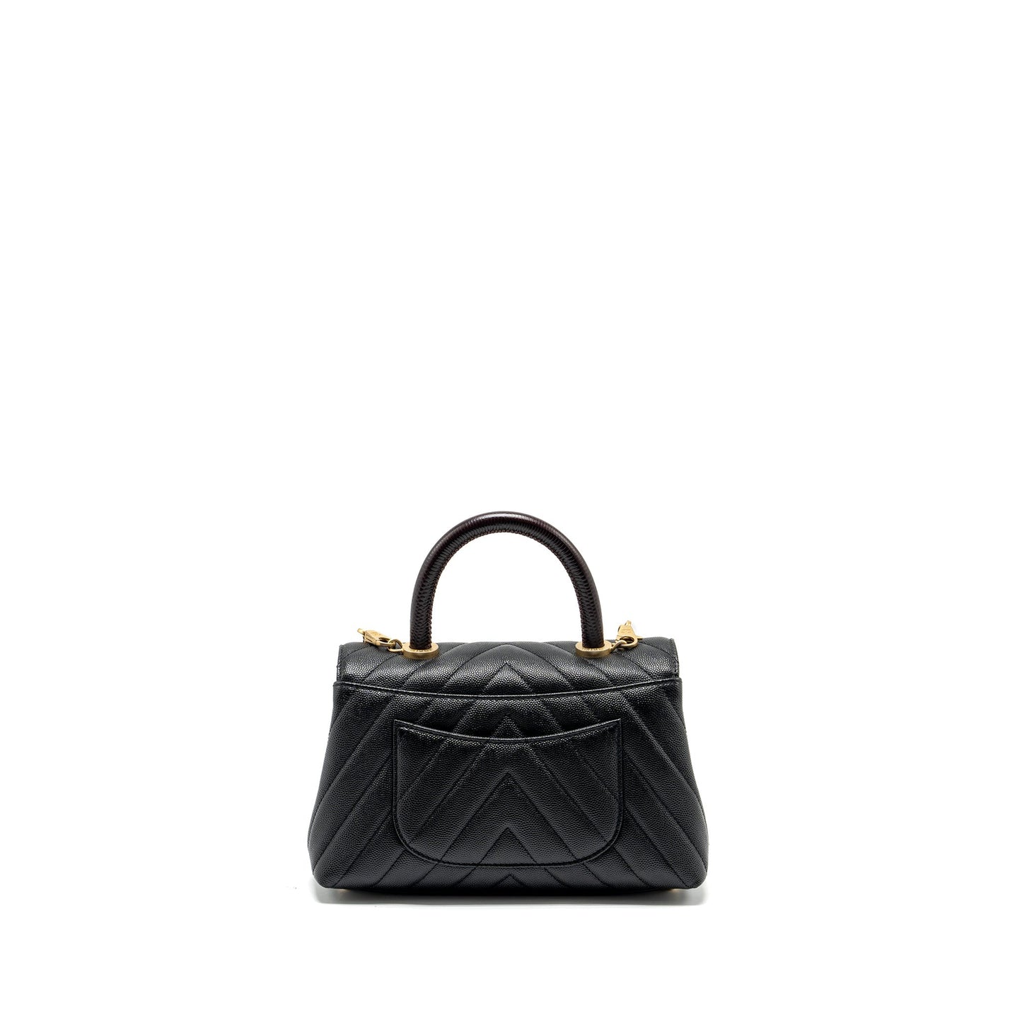 Chanel Coco Handle Chevron Caviar Lizard Embossed Black Small Handbag