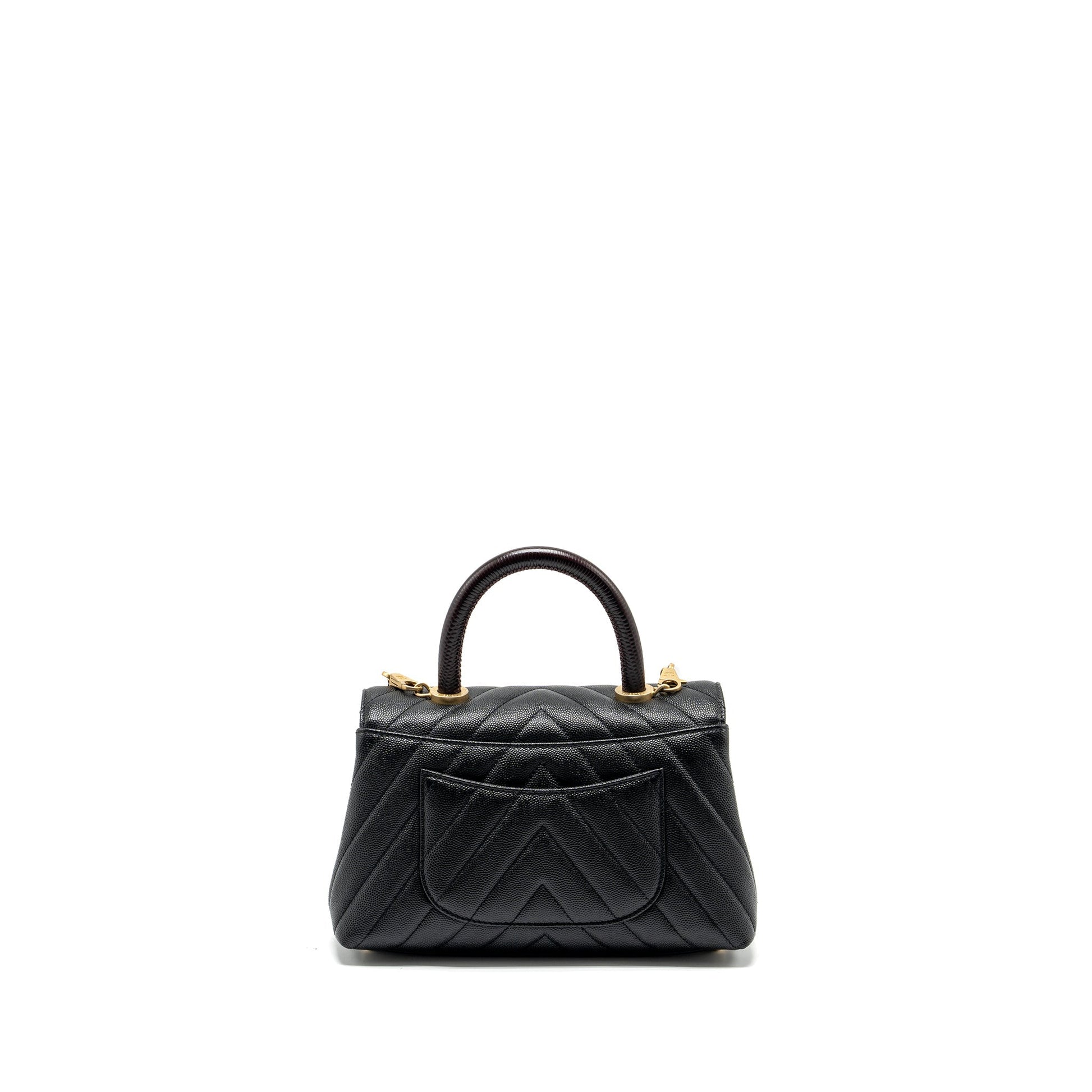 Chanel Coco Handle Chevron Caviar Lizard Embossed Black Small Handbag
