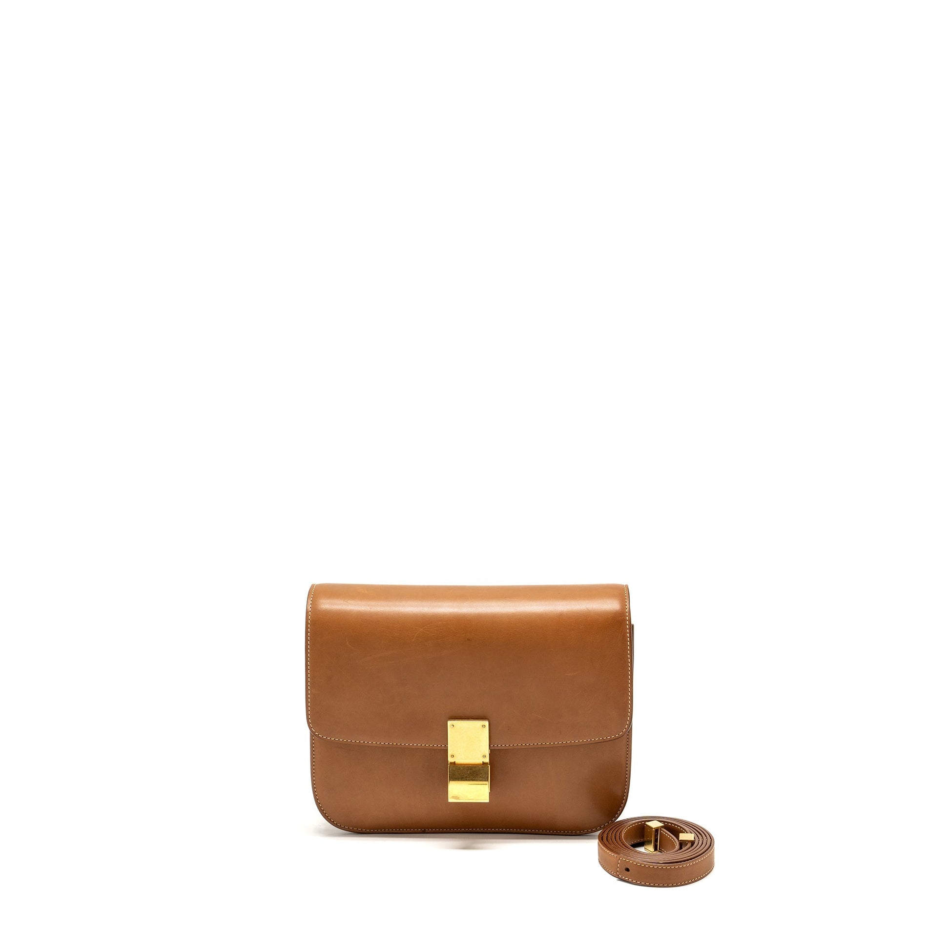 Celine Classic Box Purse Calfskin Handbag Brown Medium Travel Bag