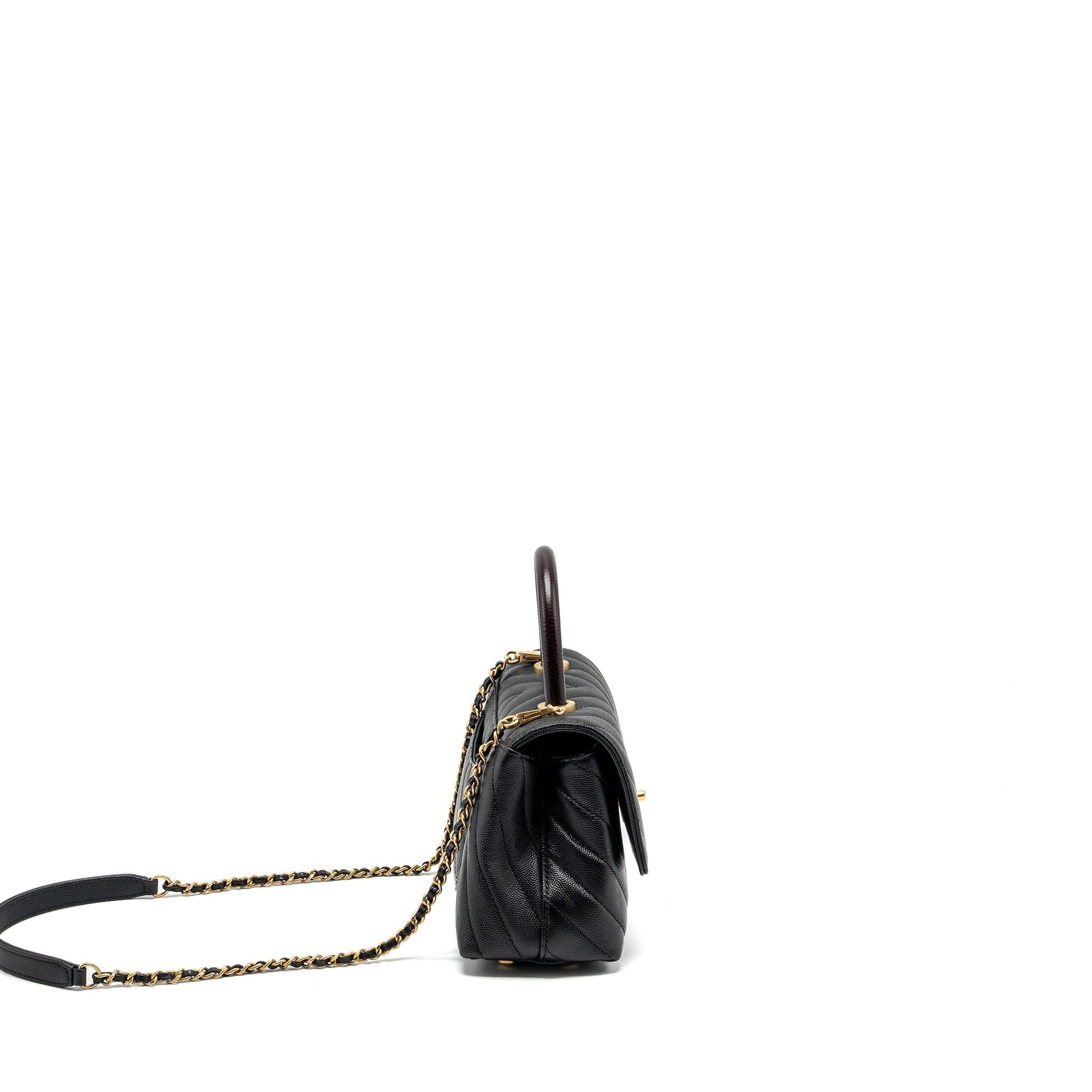 Chanel Coco Handle Chevron Caviar Lizard Embossed Black Small Handbag
