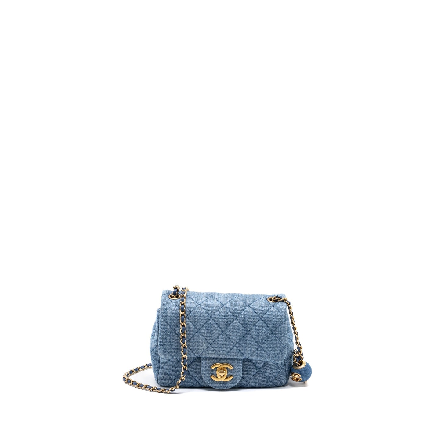Chanel 22c Denim Pearl Crush Square Flap Blue Shoulder Bag