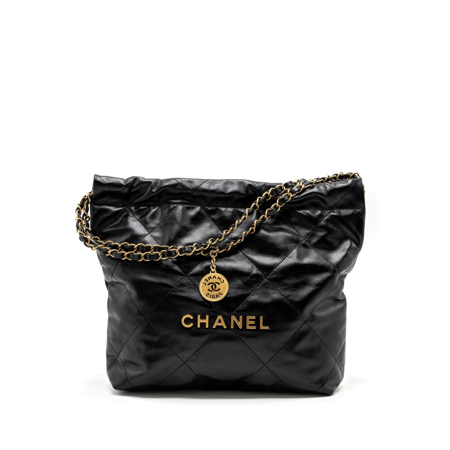 Chanel 22 Letter Shiny Calfskin GHW Microchip Black Gold Small Handbag Black Ghwmicrochip