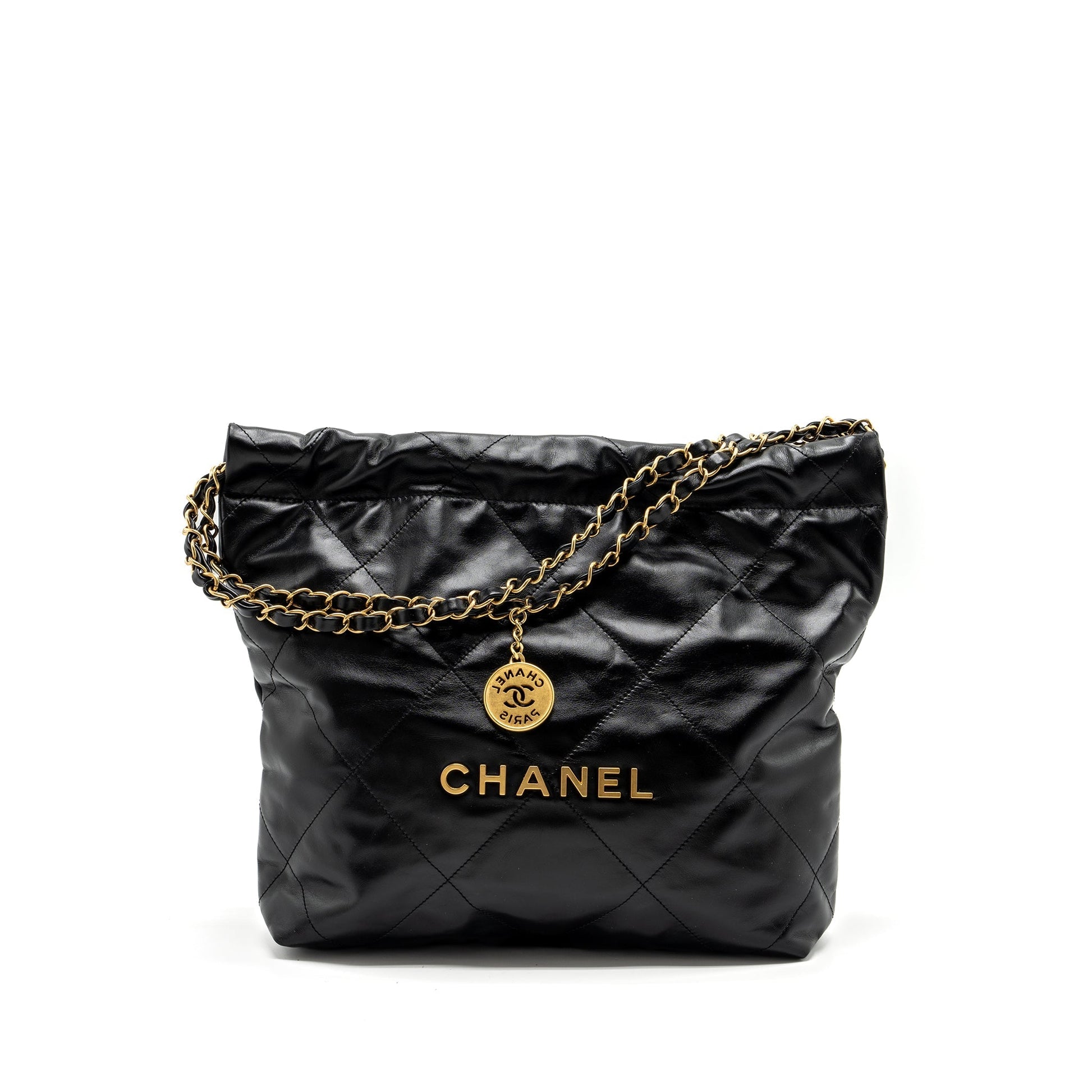 Chanel 22 Letter Shiny Calfskin GHW Microchip Black Gold Small Handbag Black Ghwmicrochip