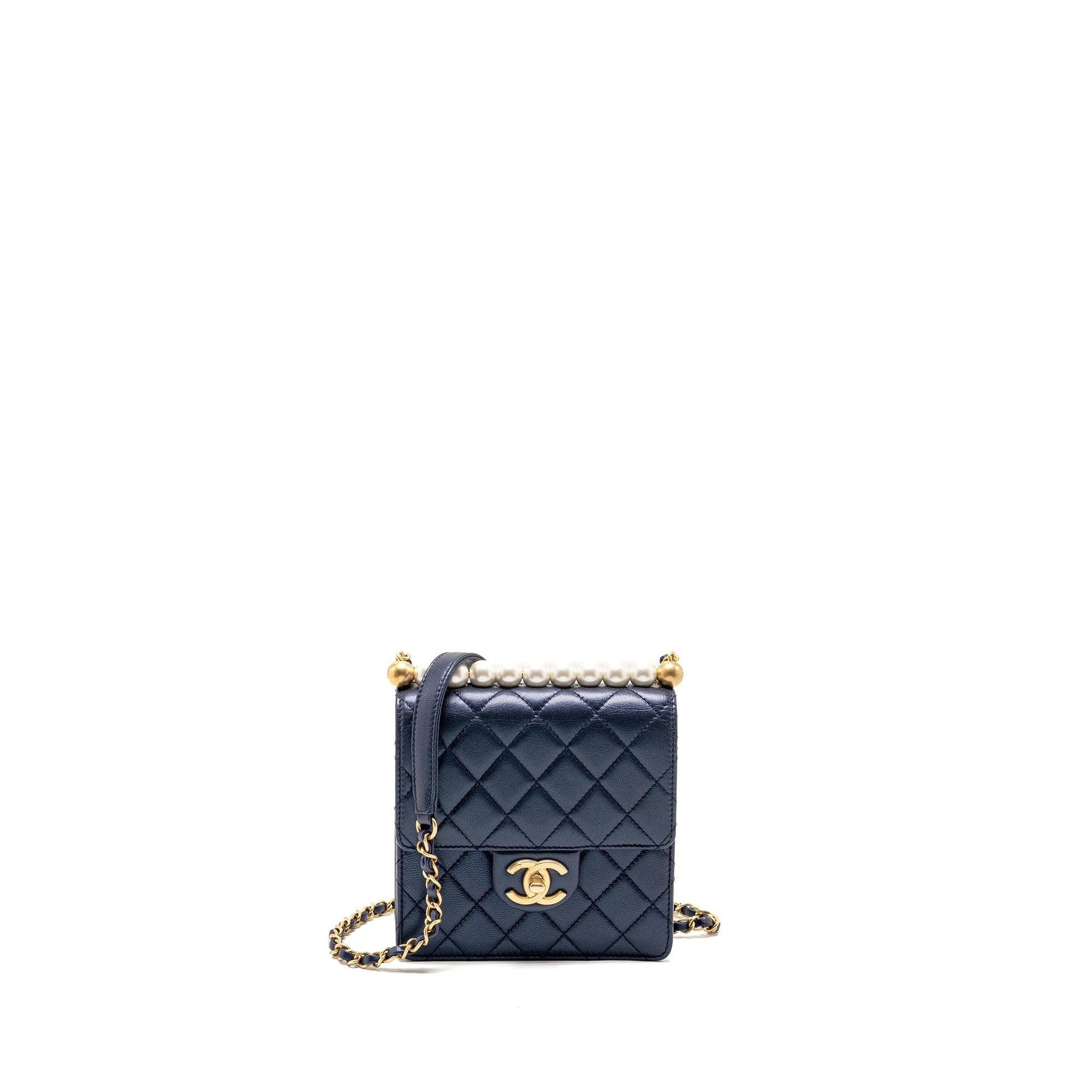 Chanel pearl decorated quilted flap lambskin navy Shoulder Bag
