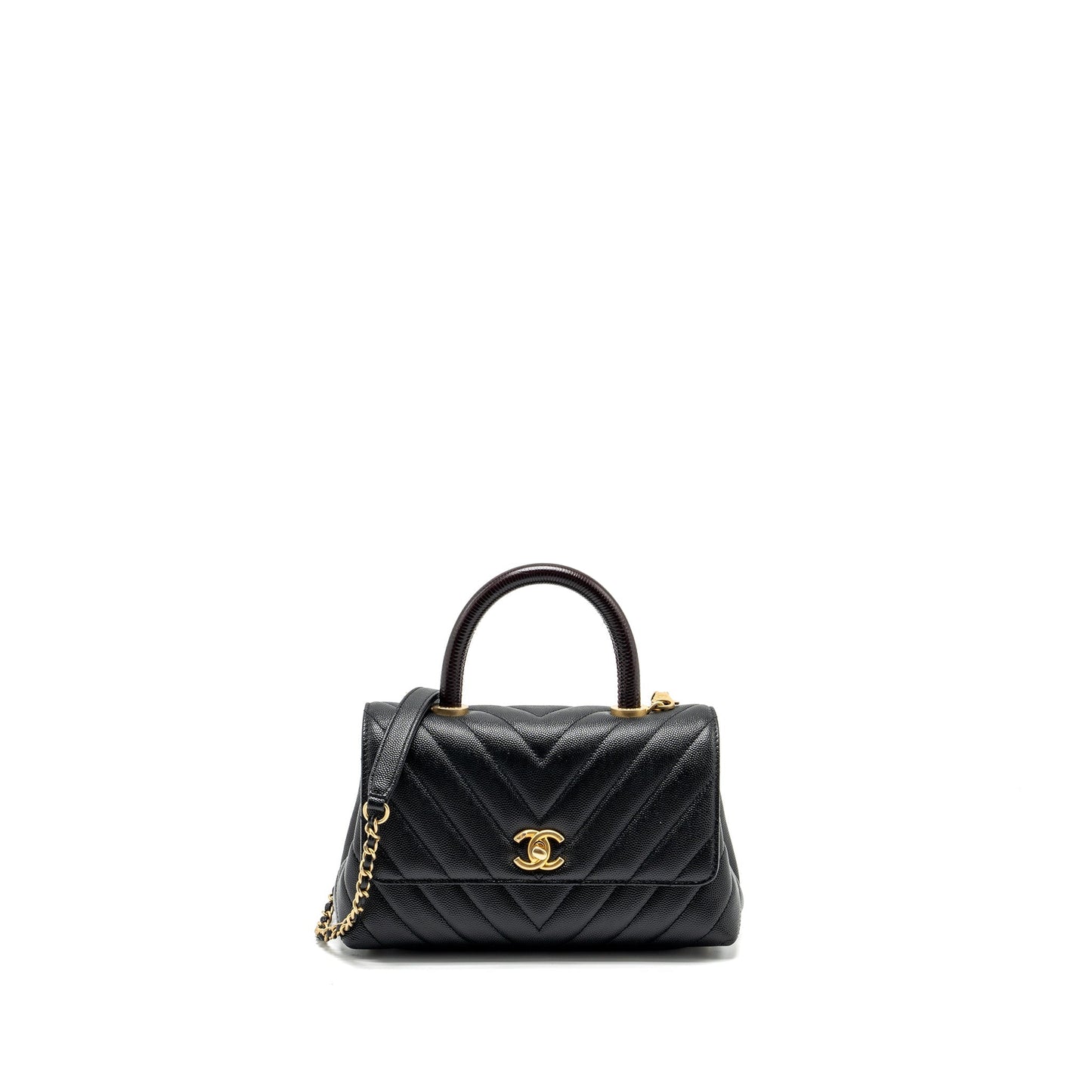 Chanel Coco Handle Chevron Caviar Lizard Embossed Black Small Handbag