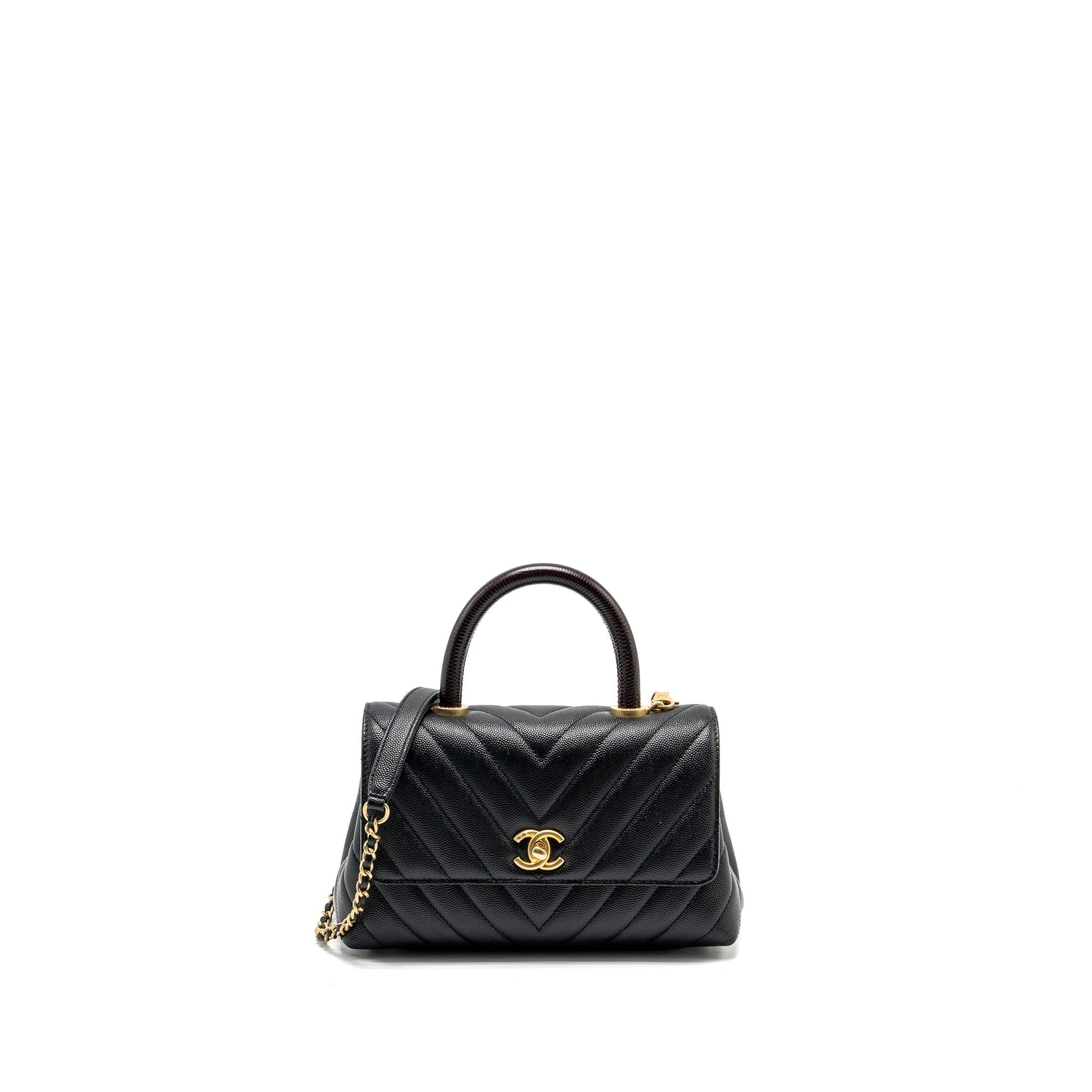 Chanel Coco Handle Chevron Caviar Lizard Embossed Black Small Handbag