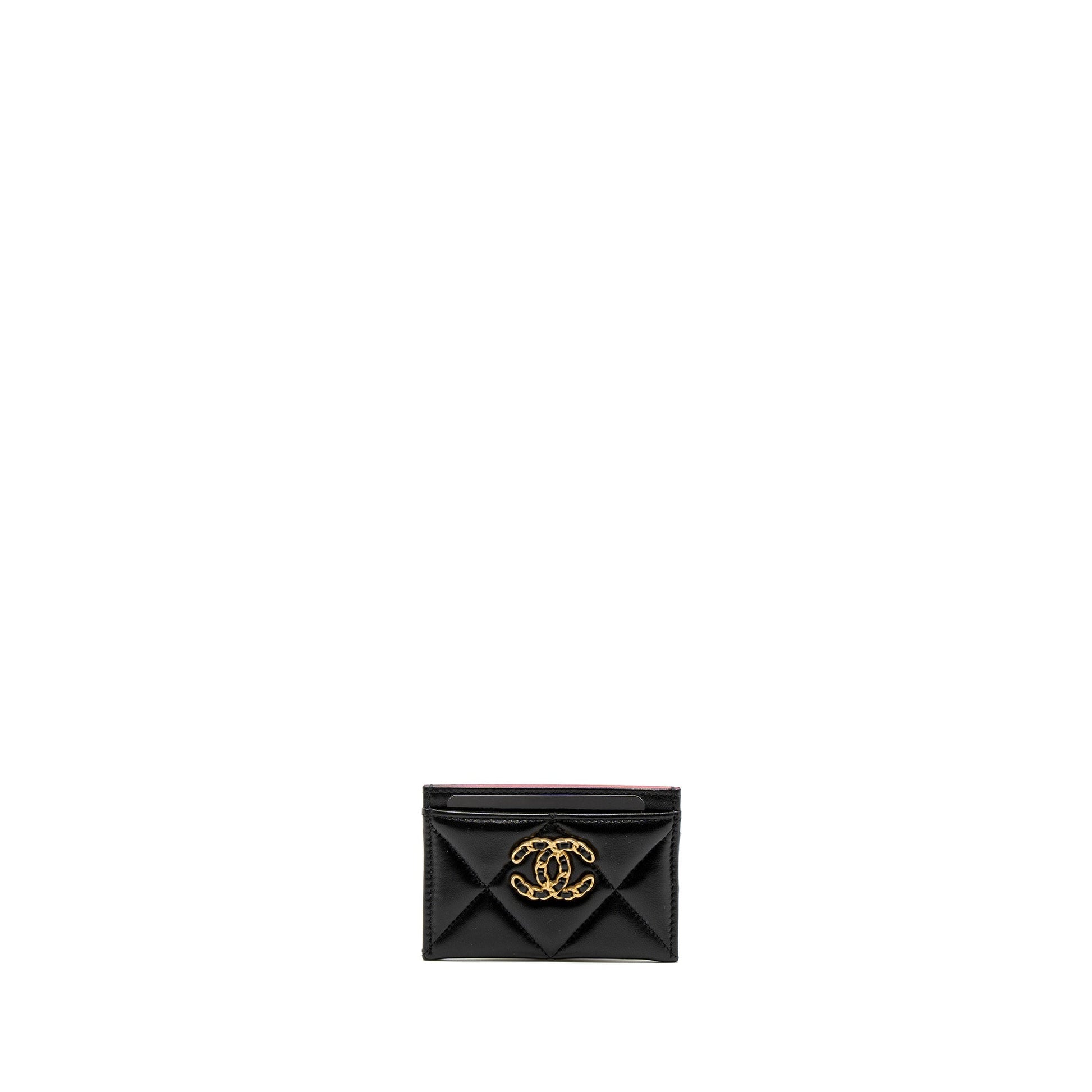 Chanel 19 Card Holder Lambskin GHW Microchip Black Pink Wallet Case