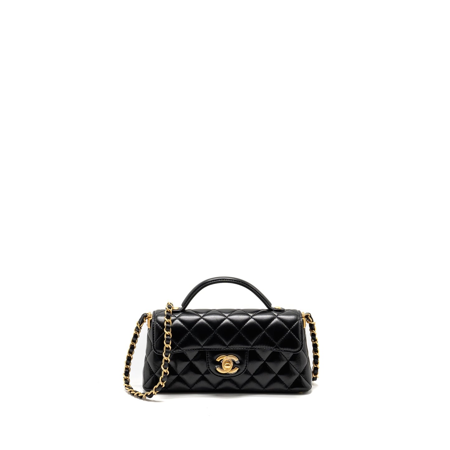 Chanel 25p Top Handle Flap Shiny Lambskin Black Shoulder Bag