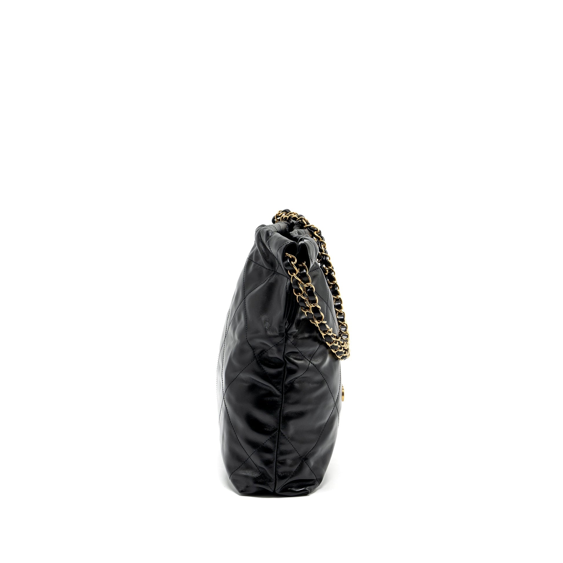 Chanel 22 Letter Shiny Calfskin GHW Microchip Black Gold Small Handbag Ghw Microchip