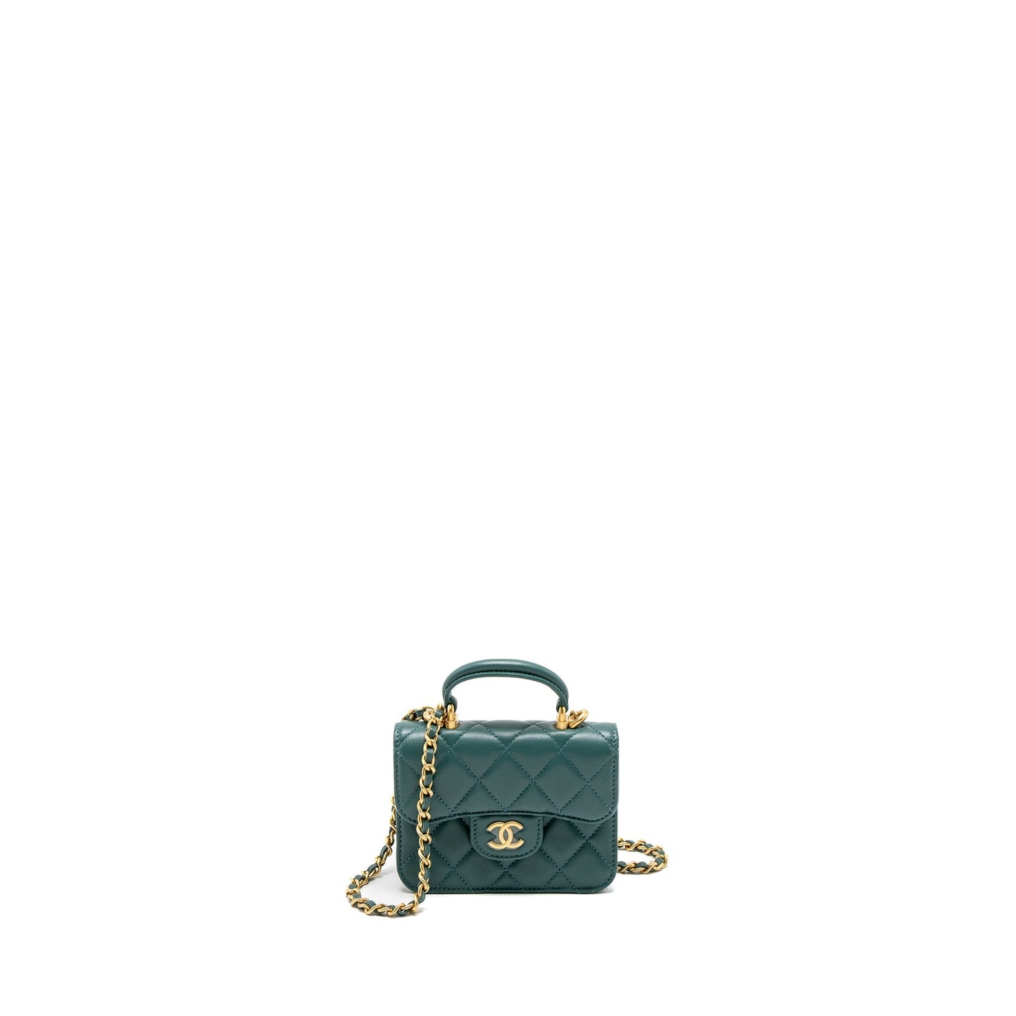 Chanel Top Handle Flap Lambskin Brushed GHW Green Shoulder Bag