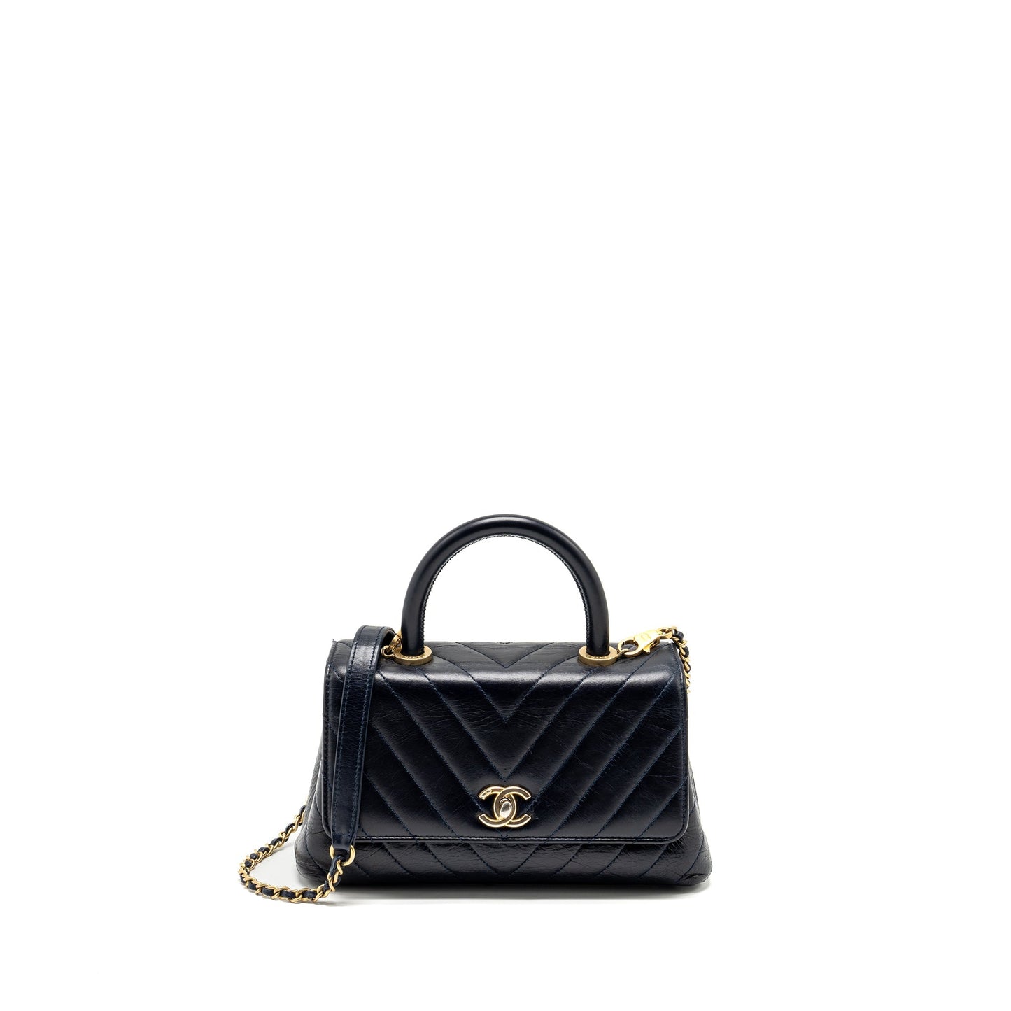 Chanel Coco Handle Chevron Calfskin Dark GHW Blue Small Handbag