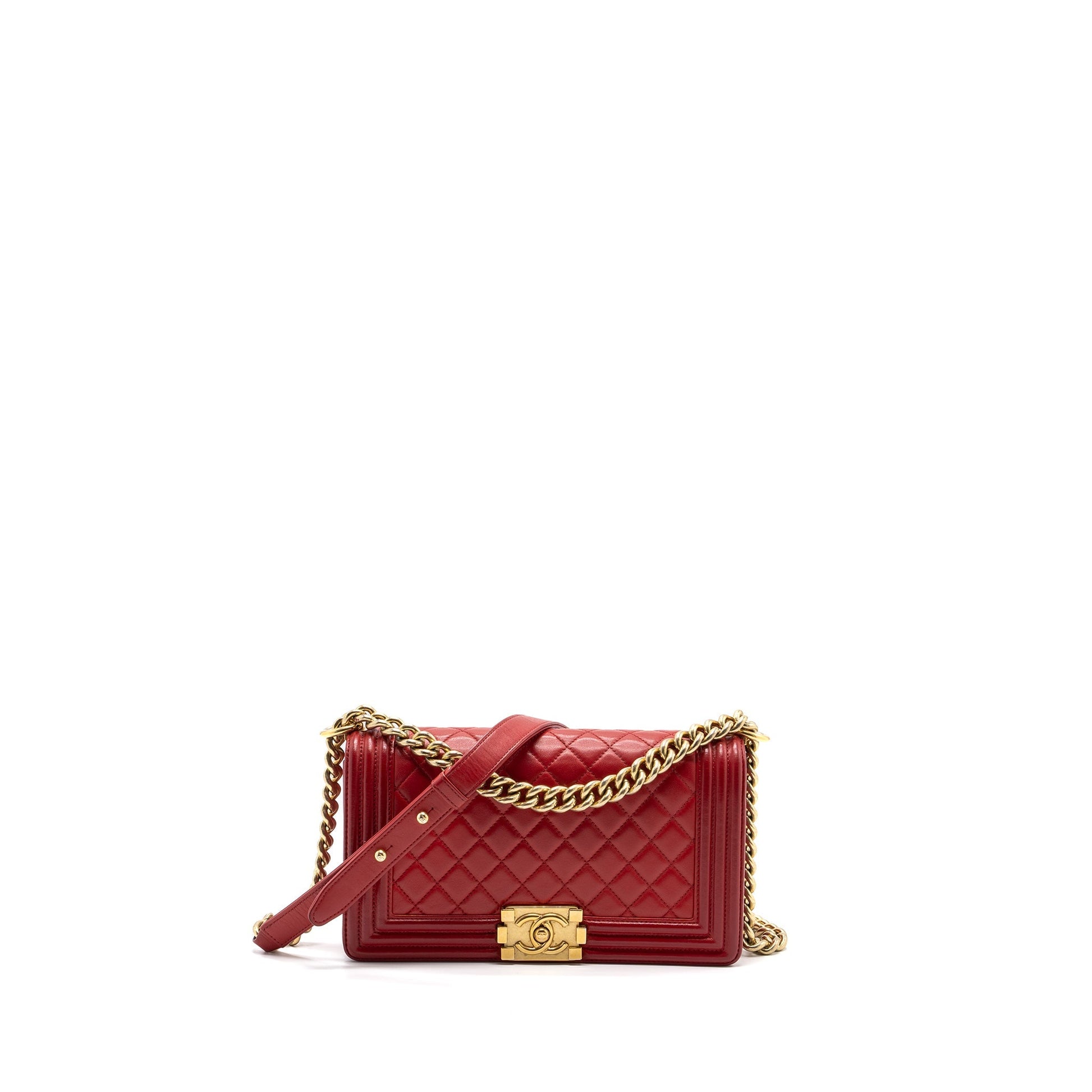 Chanel Boy Lambskin Brushed GHW Red Handbag