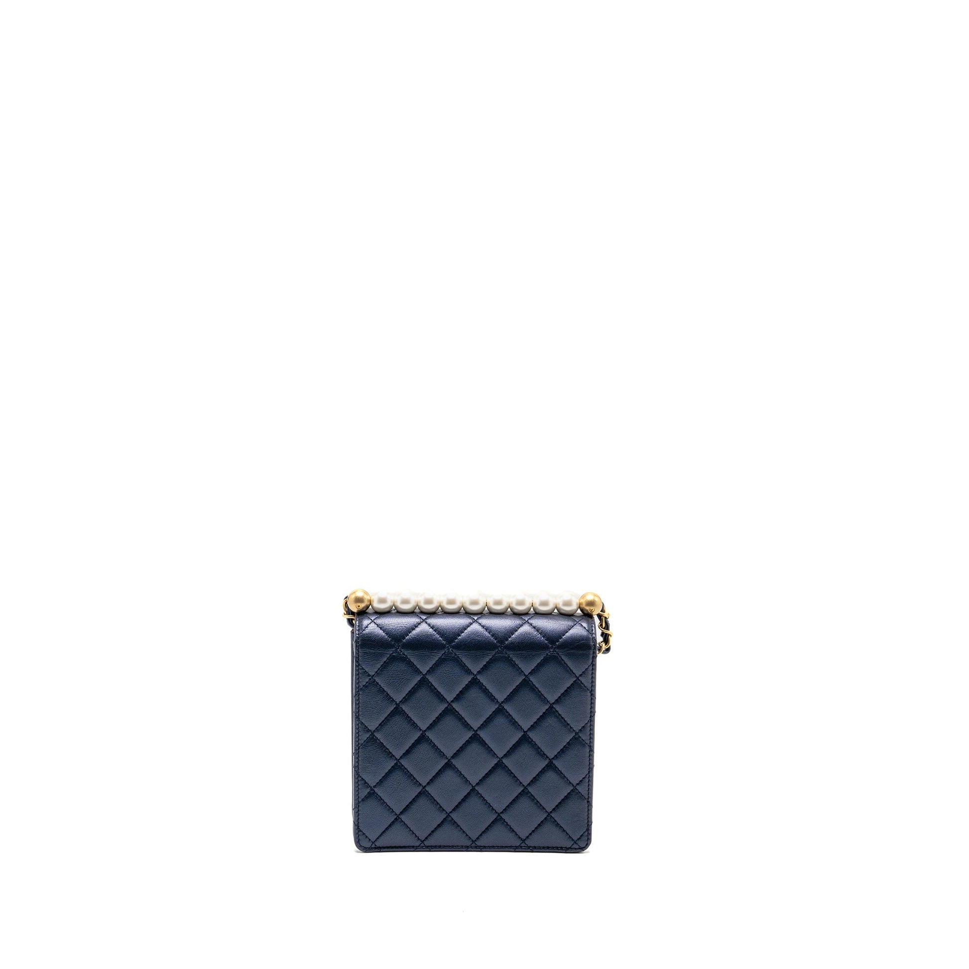 Chanel pearl decorated quilted flap lambskin navy Shoulder Bag