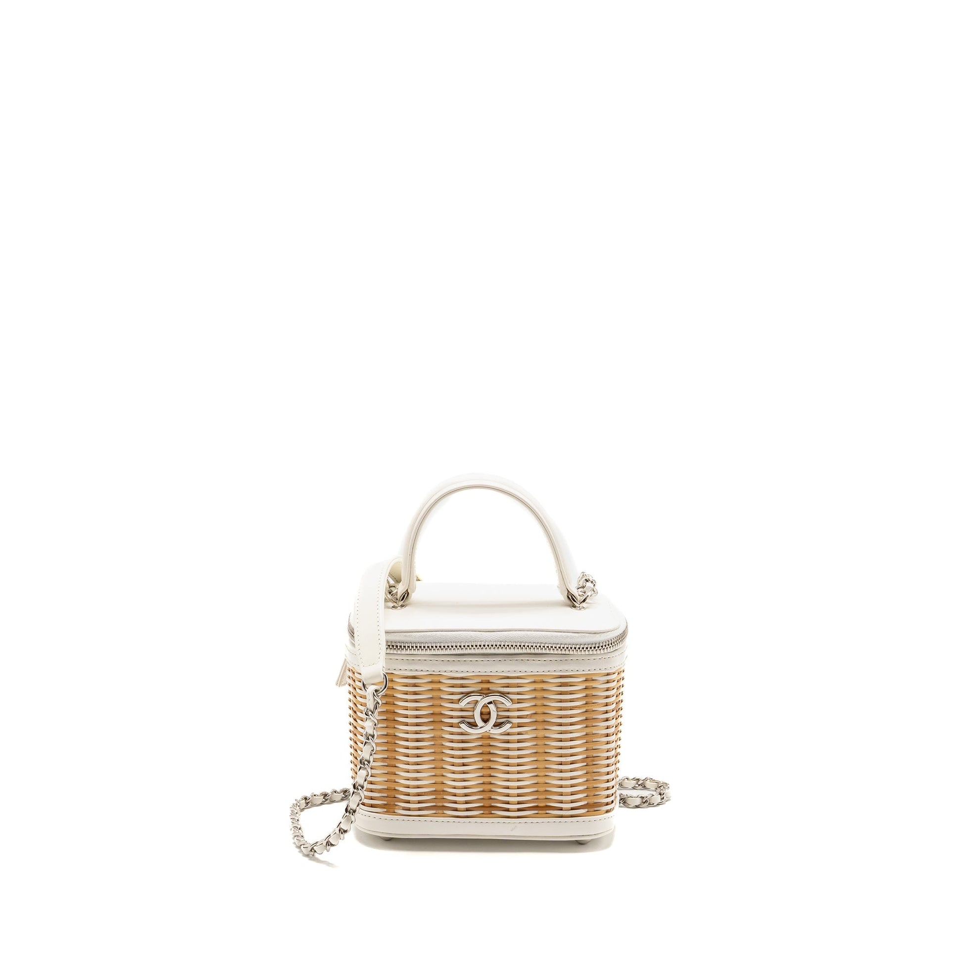 Chanel top handle vanity calfskin raffia SHW White Handbag