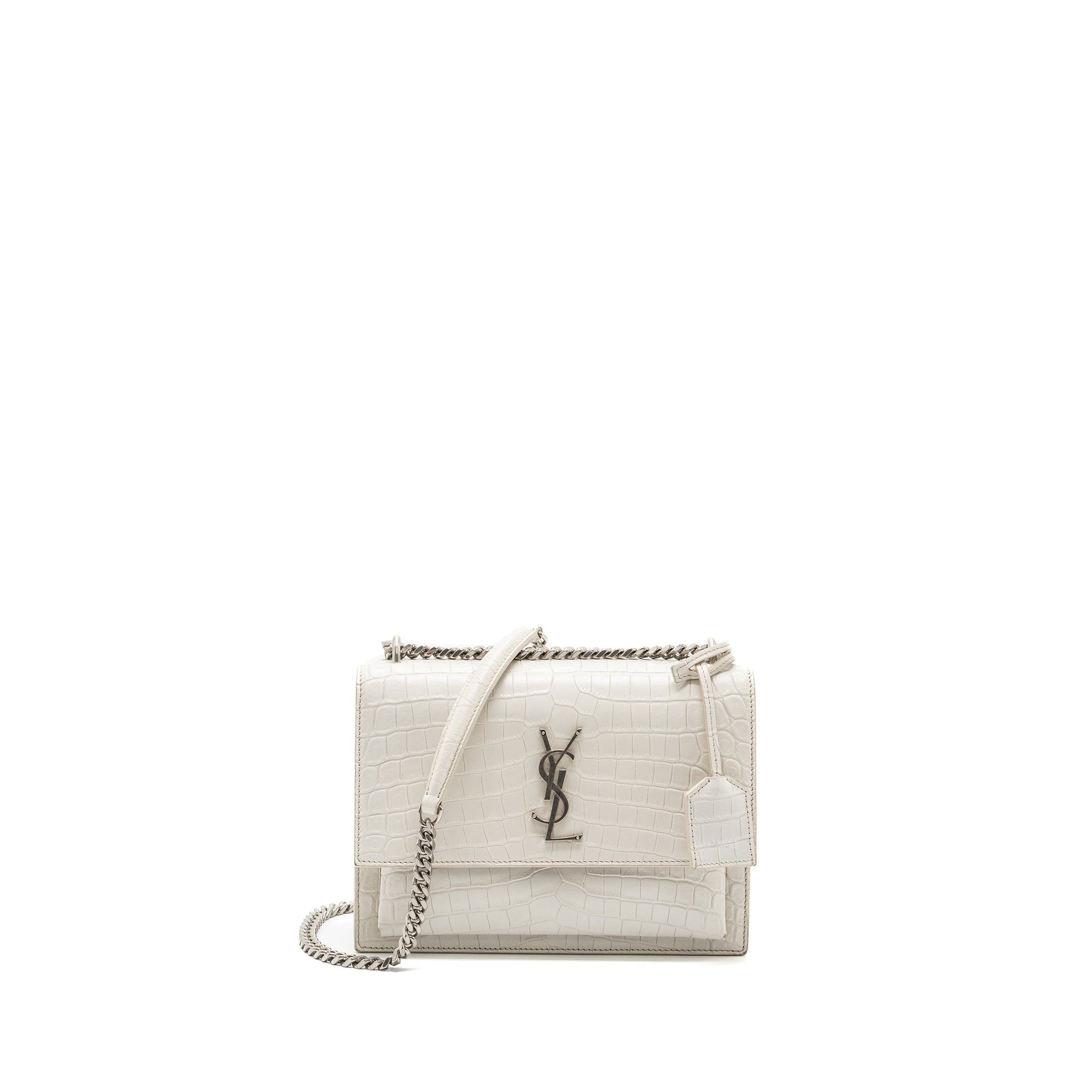 YSL Saint Laurent Sunset Purse Crocodile Embossed Travel Bag White