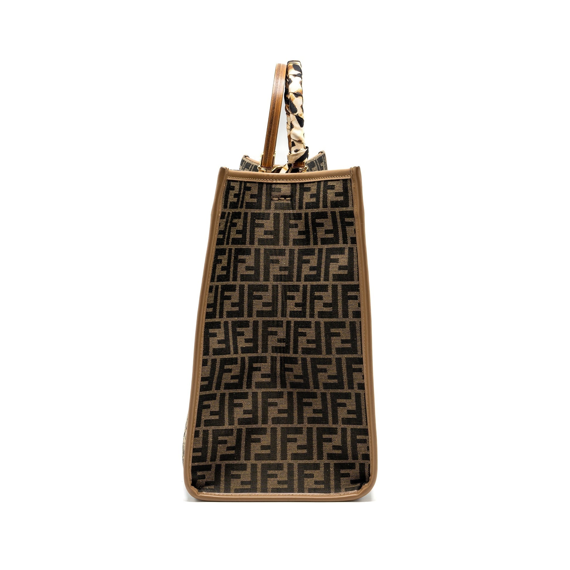 Fendi Sunshine Tote Shopper Jacquard Fabric Brown Large Tote Bag