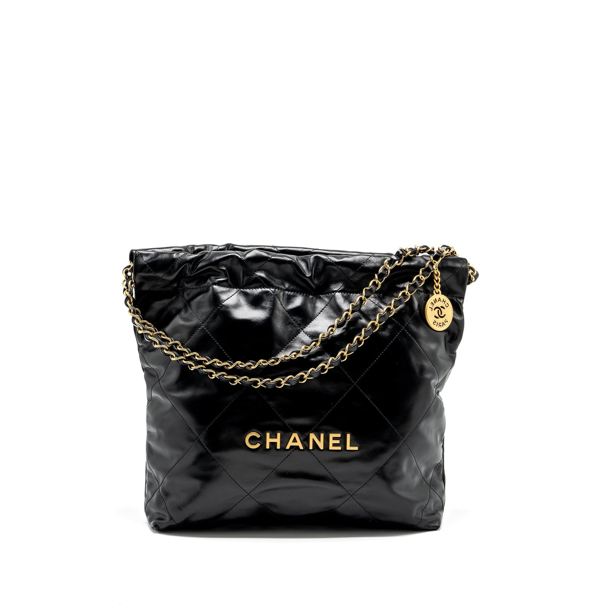 Chanel 22 Letter Shiny Calfskin GHW Microchip Black Gold Small Handbag Ghw Microchip