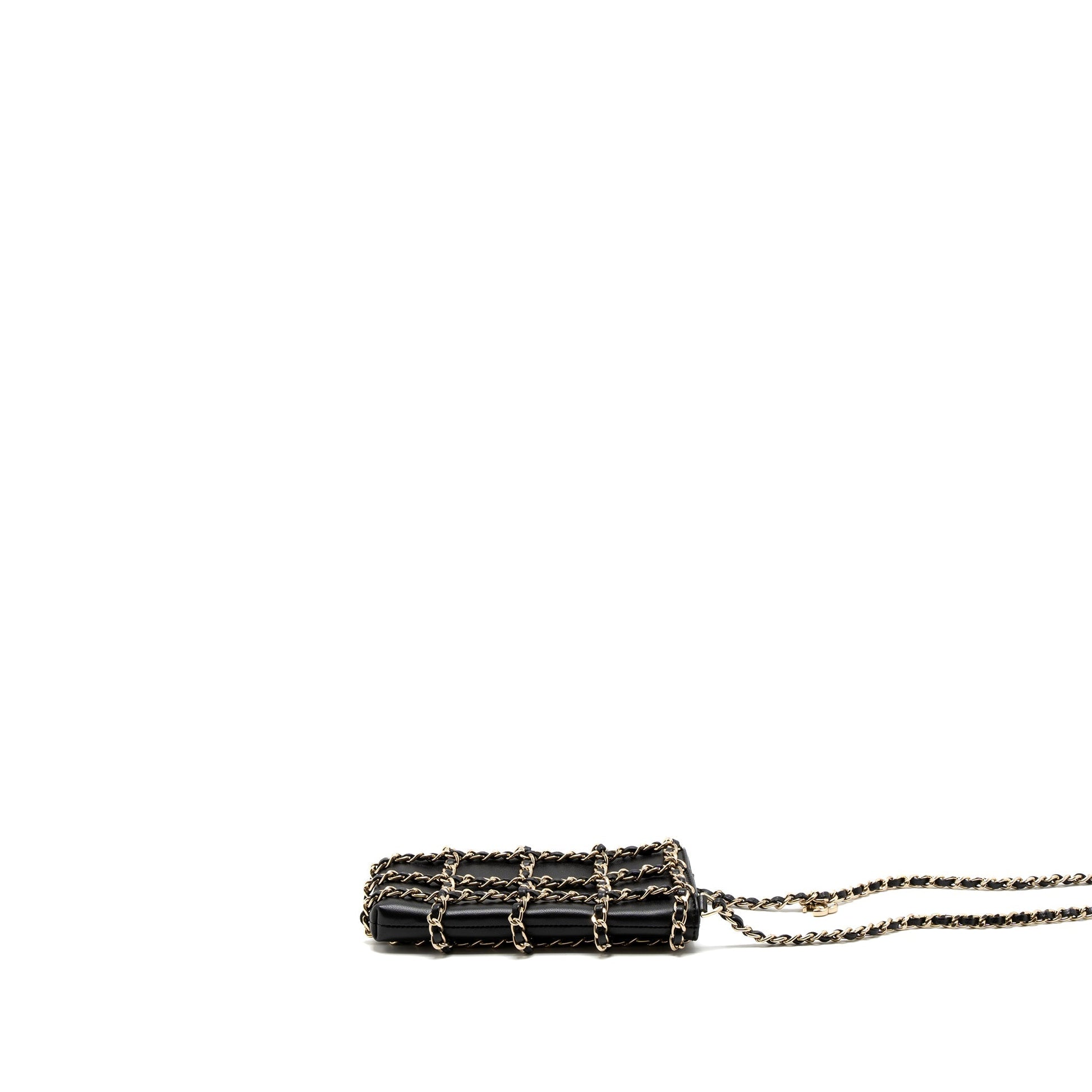 Chanel Cluth O Vertical Phone Holder Lambskin Black Gold Handbag