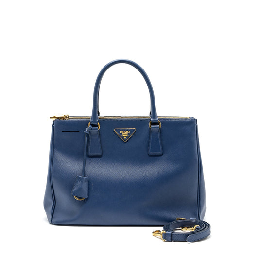 Prada Double Zip Tote Purse Saffiano Calfskin Handbag Blue Tote Bag