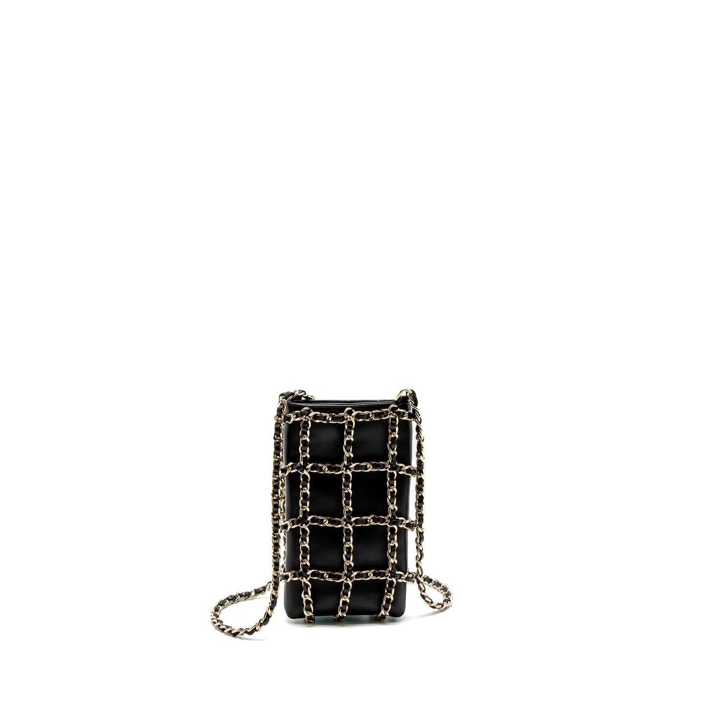 Chanel Cluth O Vertical Phone Holder Lambskin Black Gold Handbag