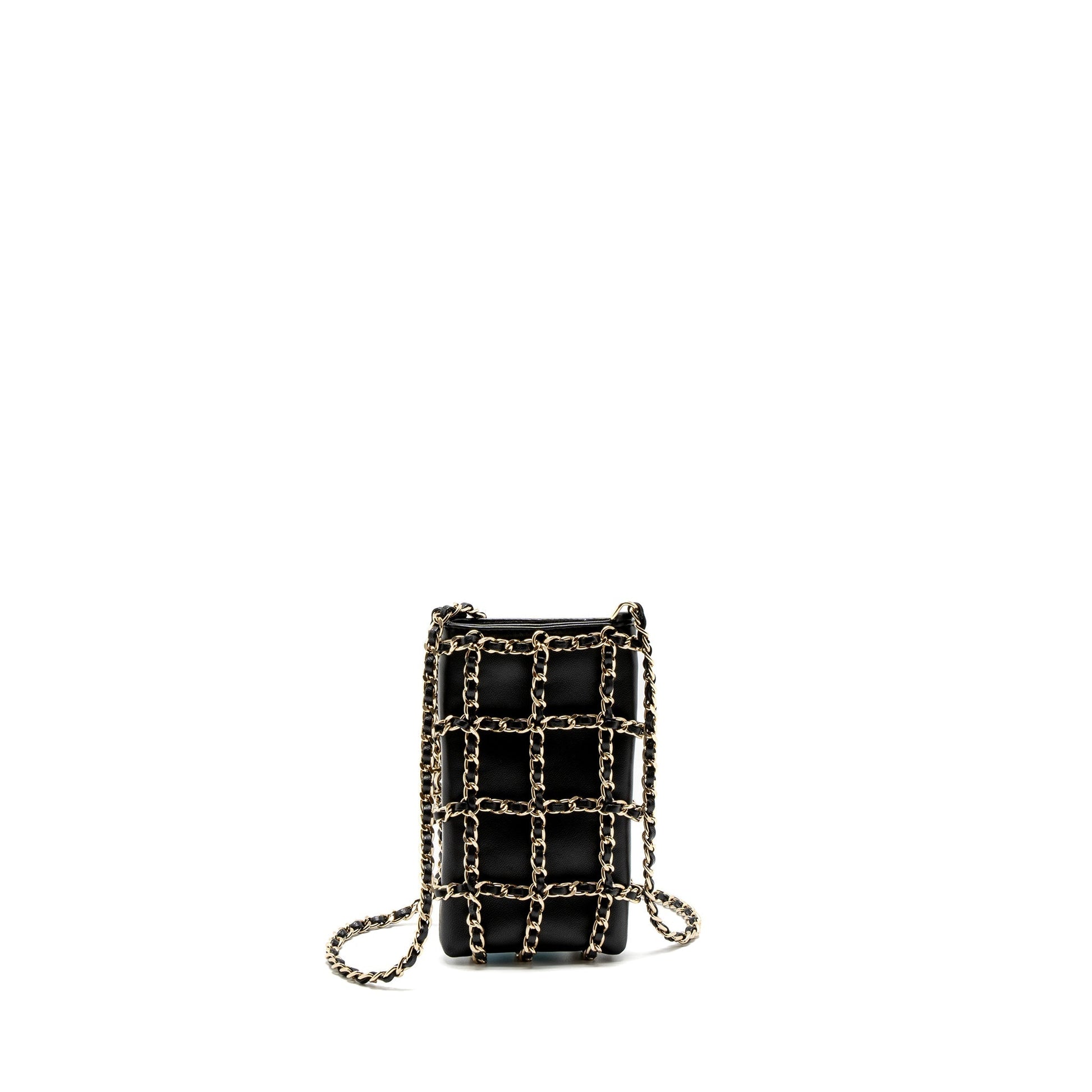 Chanel Cluth O Vertical Phone Holder Lambskin Black Gold Handbag