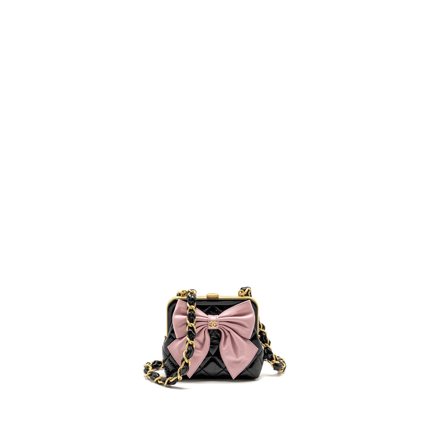 Chanel 24A Bowknot Patent Crumpled lambskin Shiny Black Pink Clutch Bag