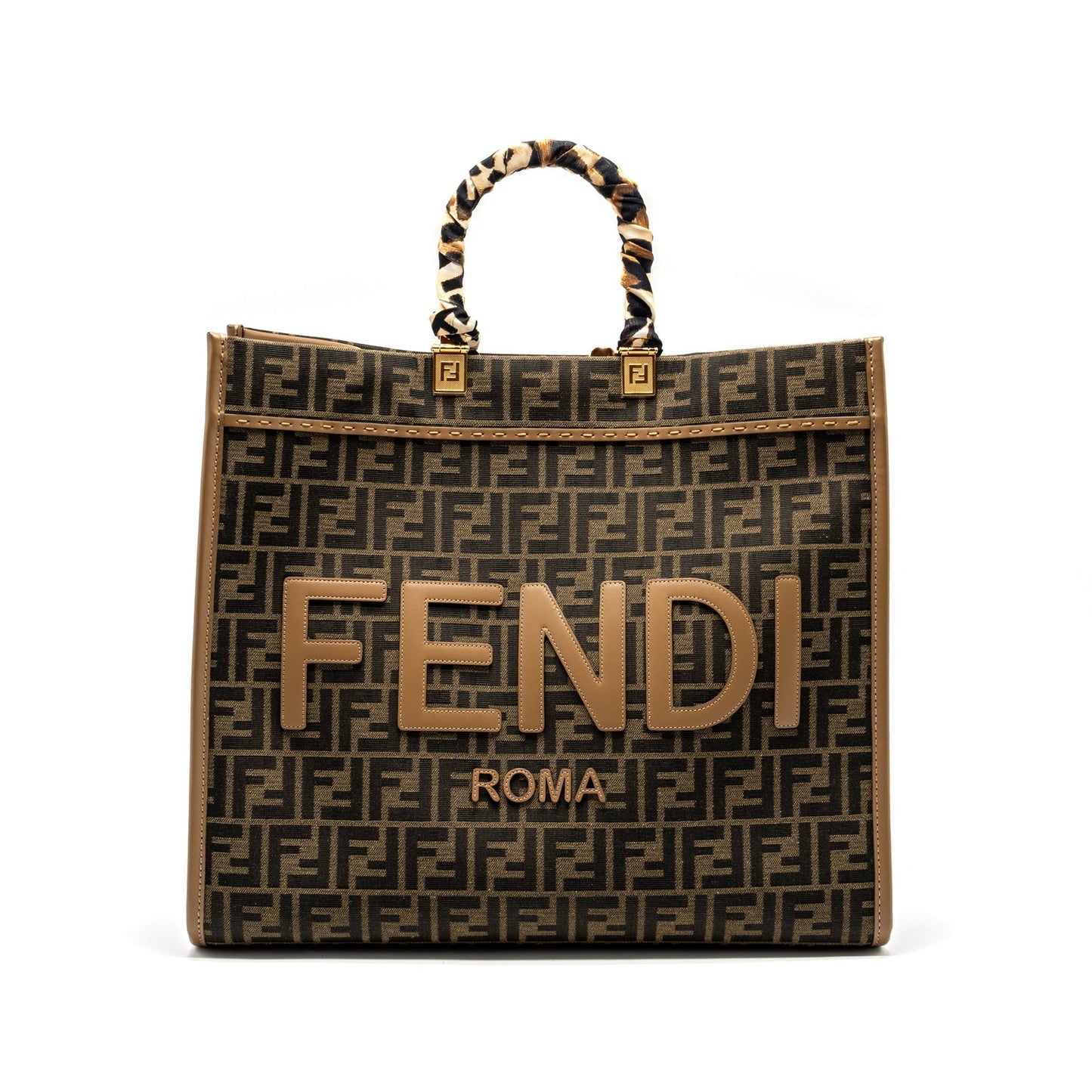 Fendi Sunshine Tote Shopper Jacquard Fabric Brown Large Tote Bag