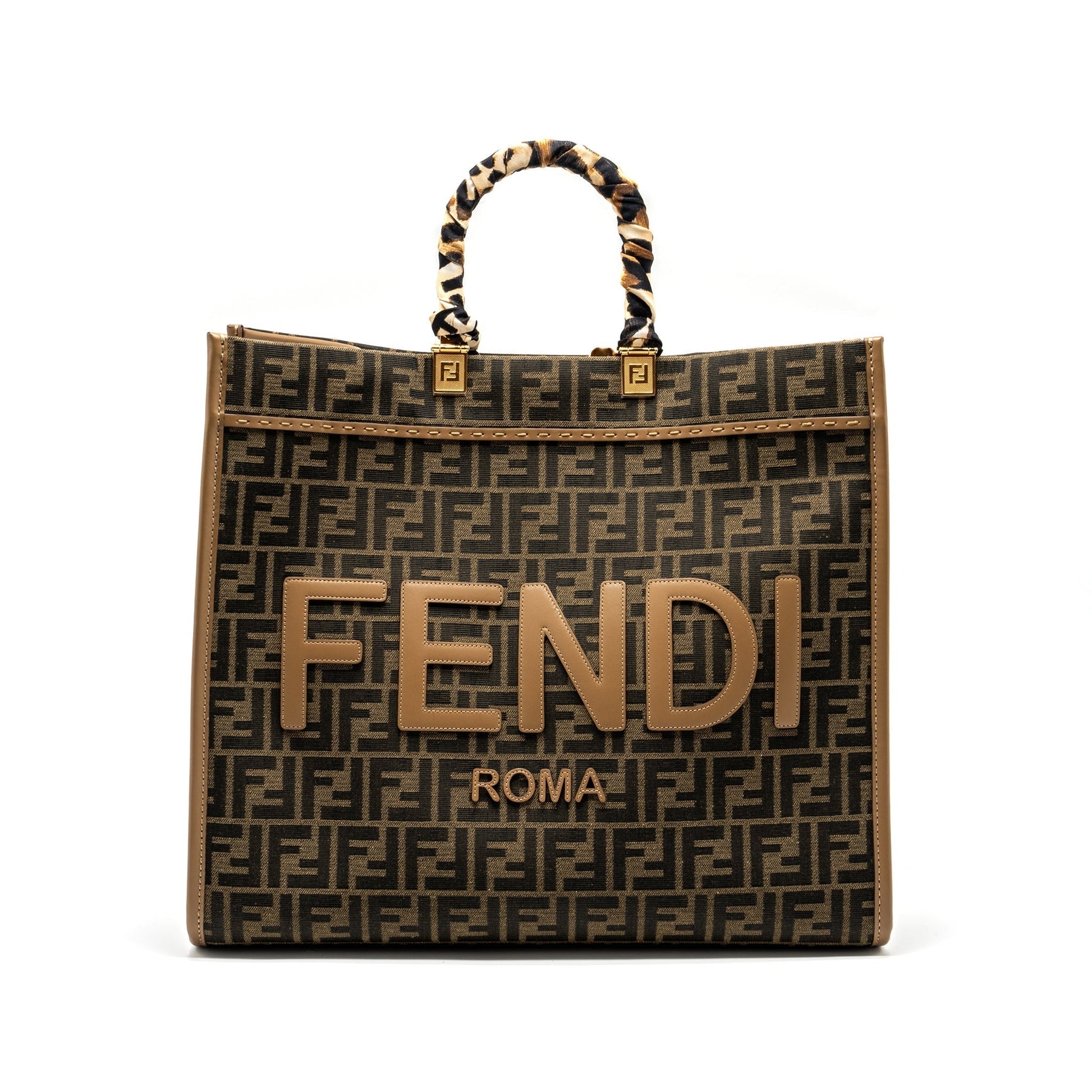 Fendi Sunshine Tote Shopper Jacquard Fabric Brown Large Tote Bag