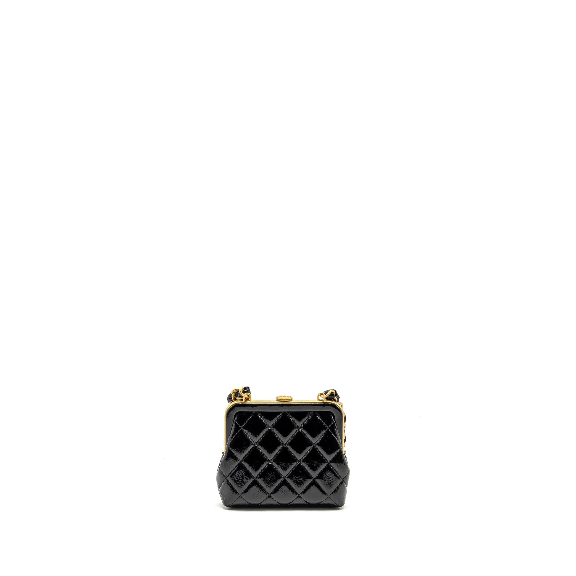 Chanel 24A Bowknot Patent Crumpled lambskin Shiny Black Pink Clutch Bag