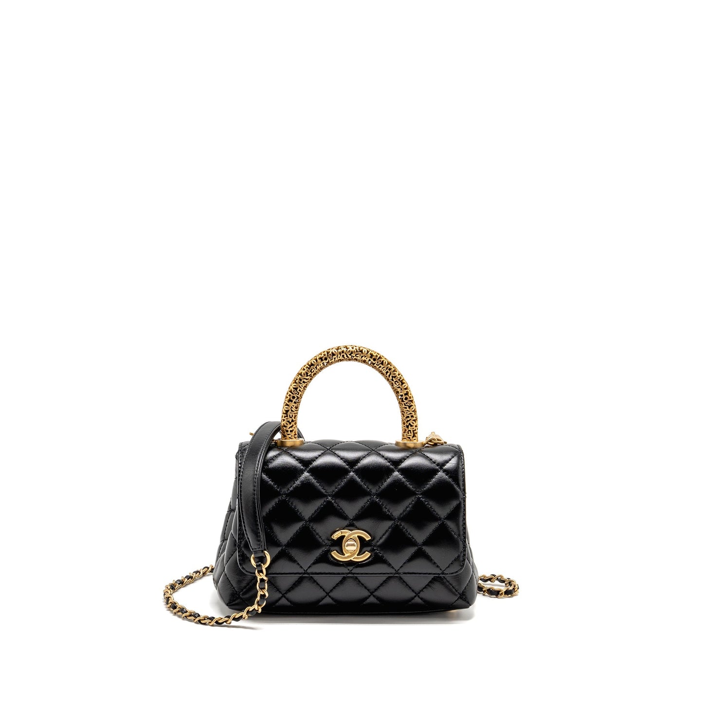 Chanel Detailed g Shiny Calfskin GHW Microchip Black Shoulder Bag