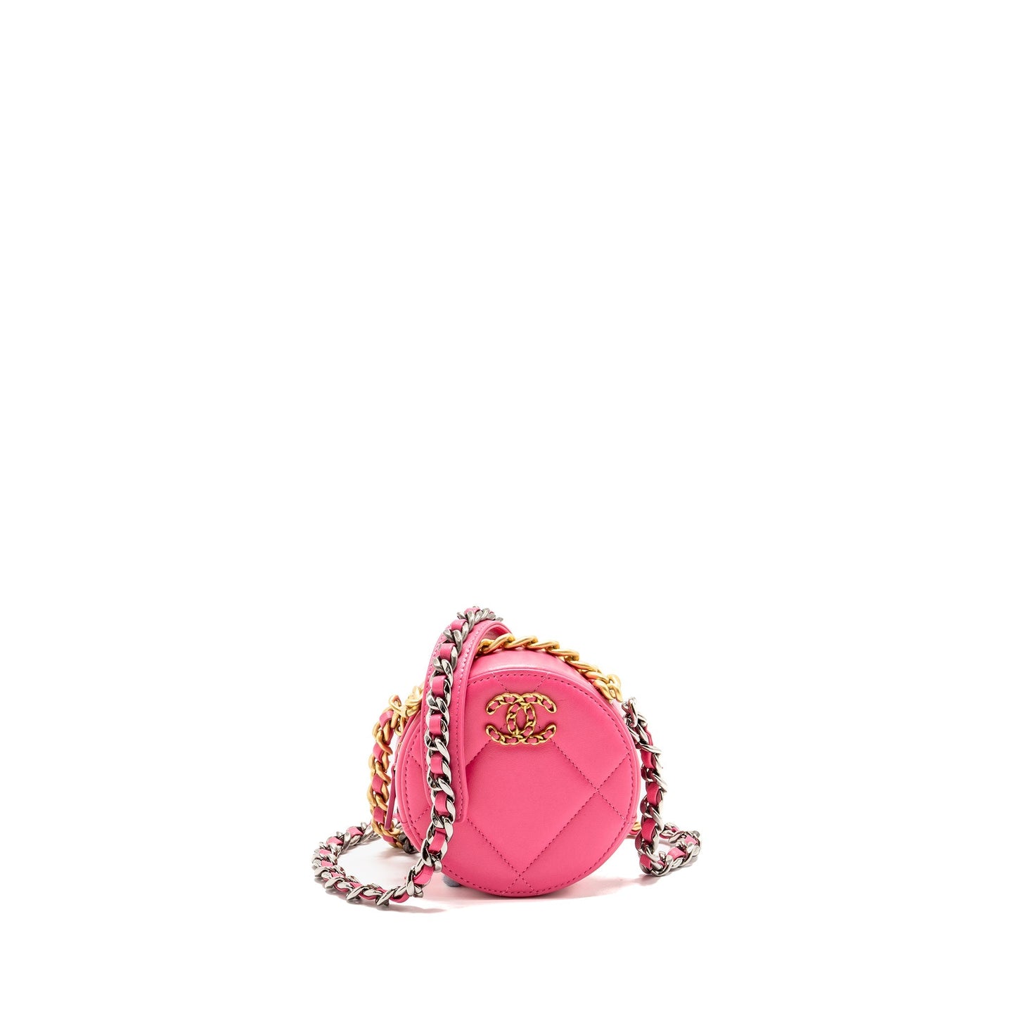 Chanel 19 Round Lambskin Hardware Microchip Multicolour Pink Clutch Bag