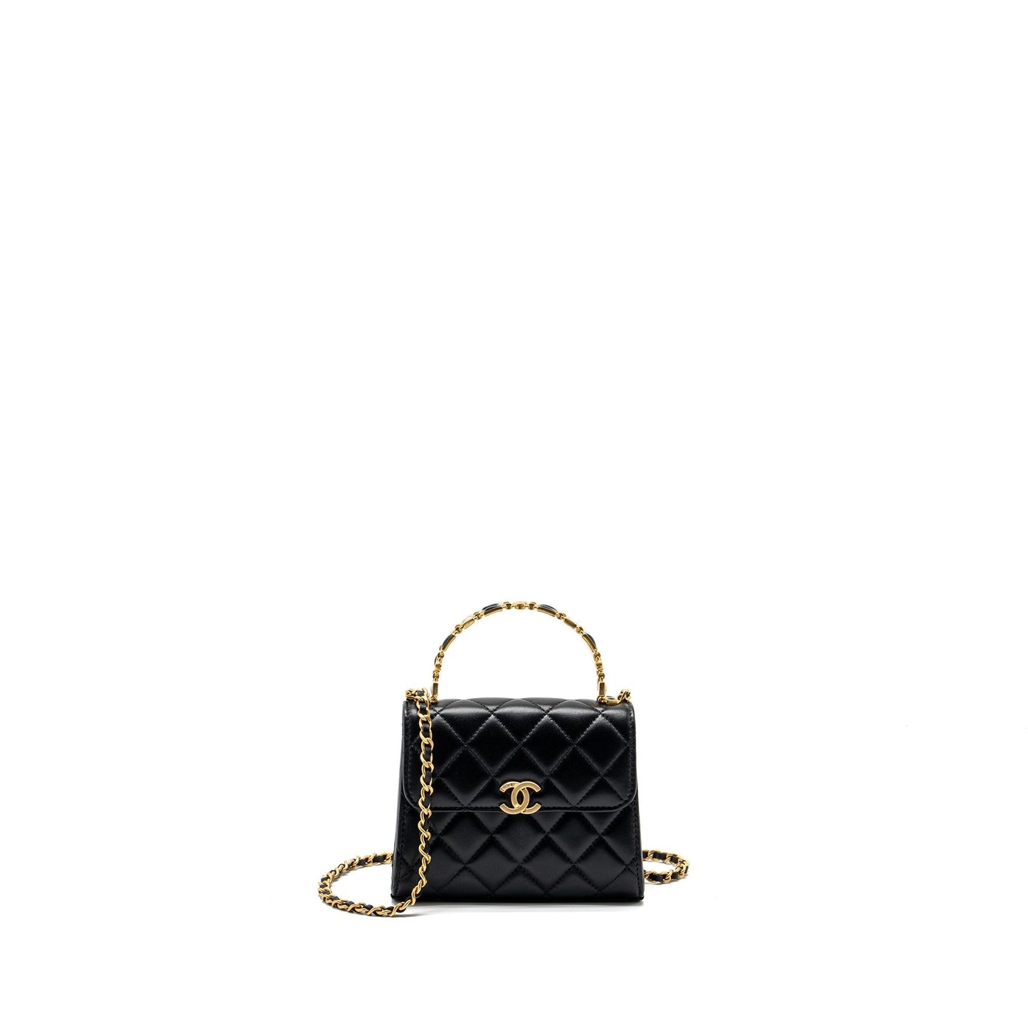 Chanel 22B Enamel Top handle Flap Lambskin Black Shoulder Bag Ghw Microchip