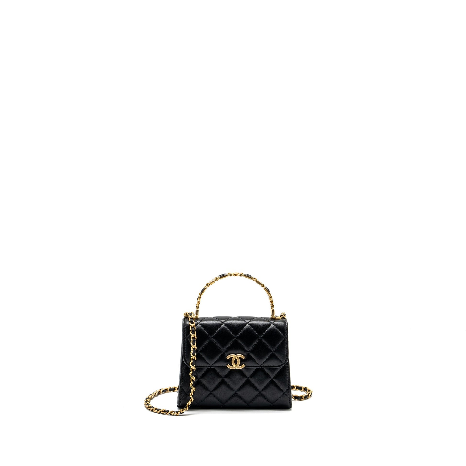 Chanel 22B Enamel Top handle Flap Lambskin Black Shoulder Bag Ghw Microchip