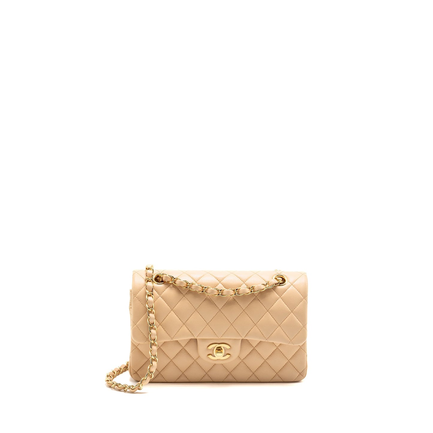 Chanel Classic Double Flap Lambskin GHW Beige Small Shoulder Bag Beige Ghw