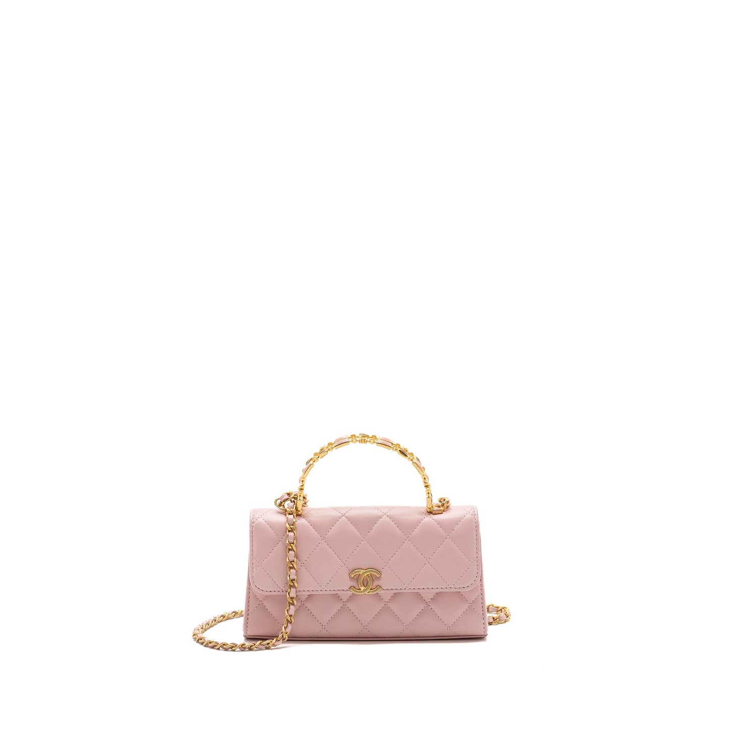 Chanel 22B Flap Enamel Top Handle Lambskin Pink Shoulder Bag Pink Ghw