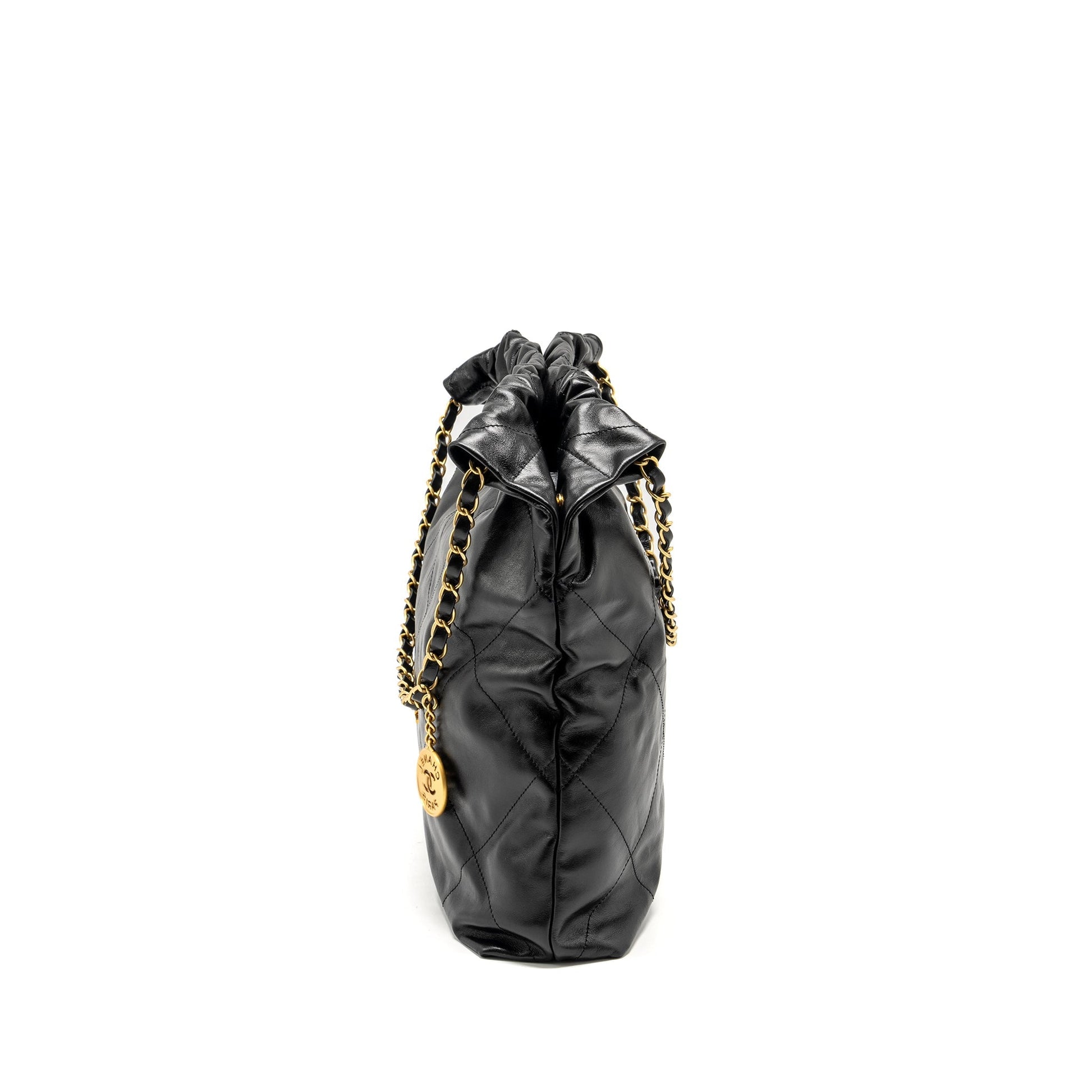 Chanel 22 Letter Shiny Calfskin GHW Microchip Black Gold Handbag