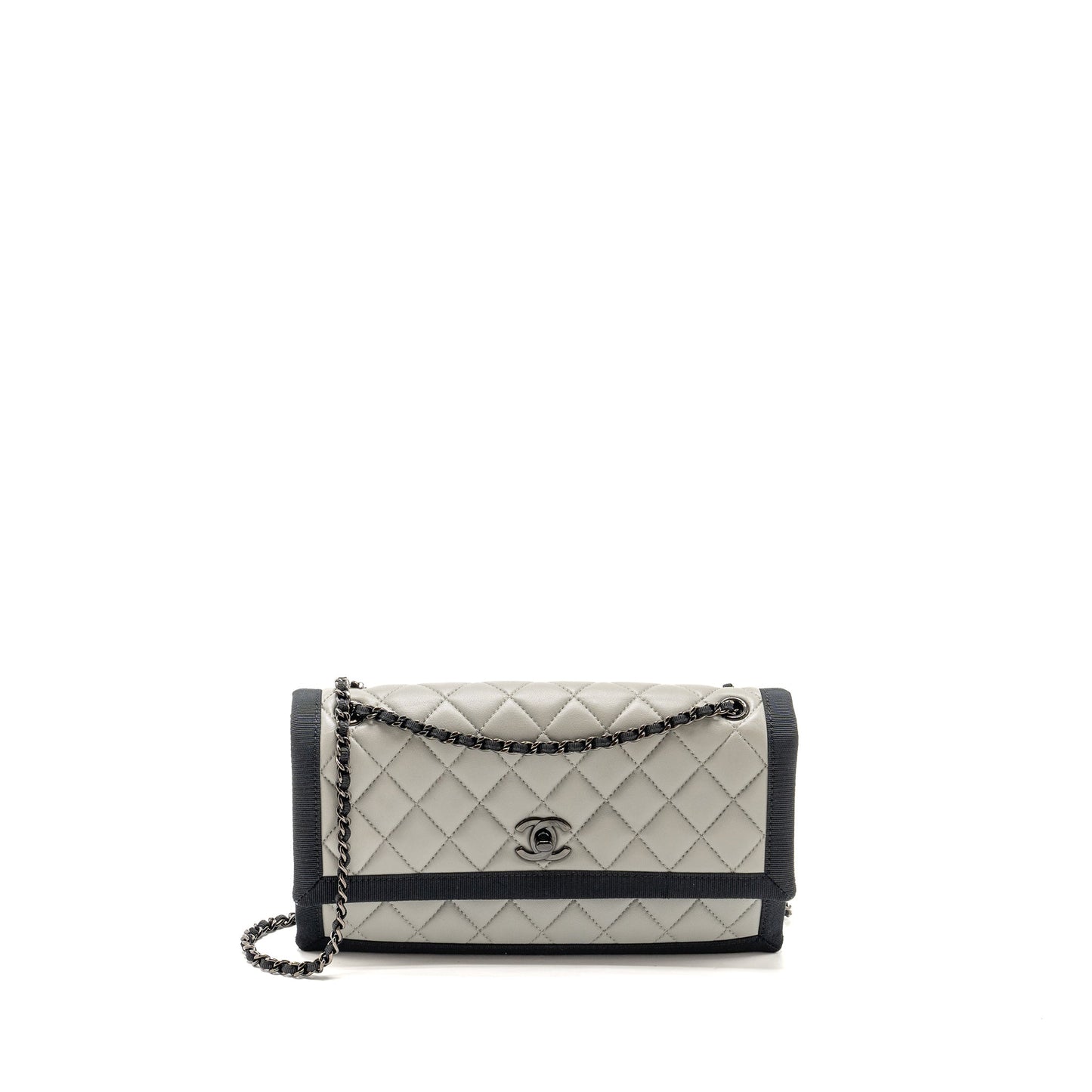 Chanel quilted flap fabric edge lambskin hardware Black Grey Handbag