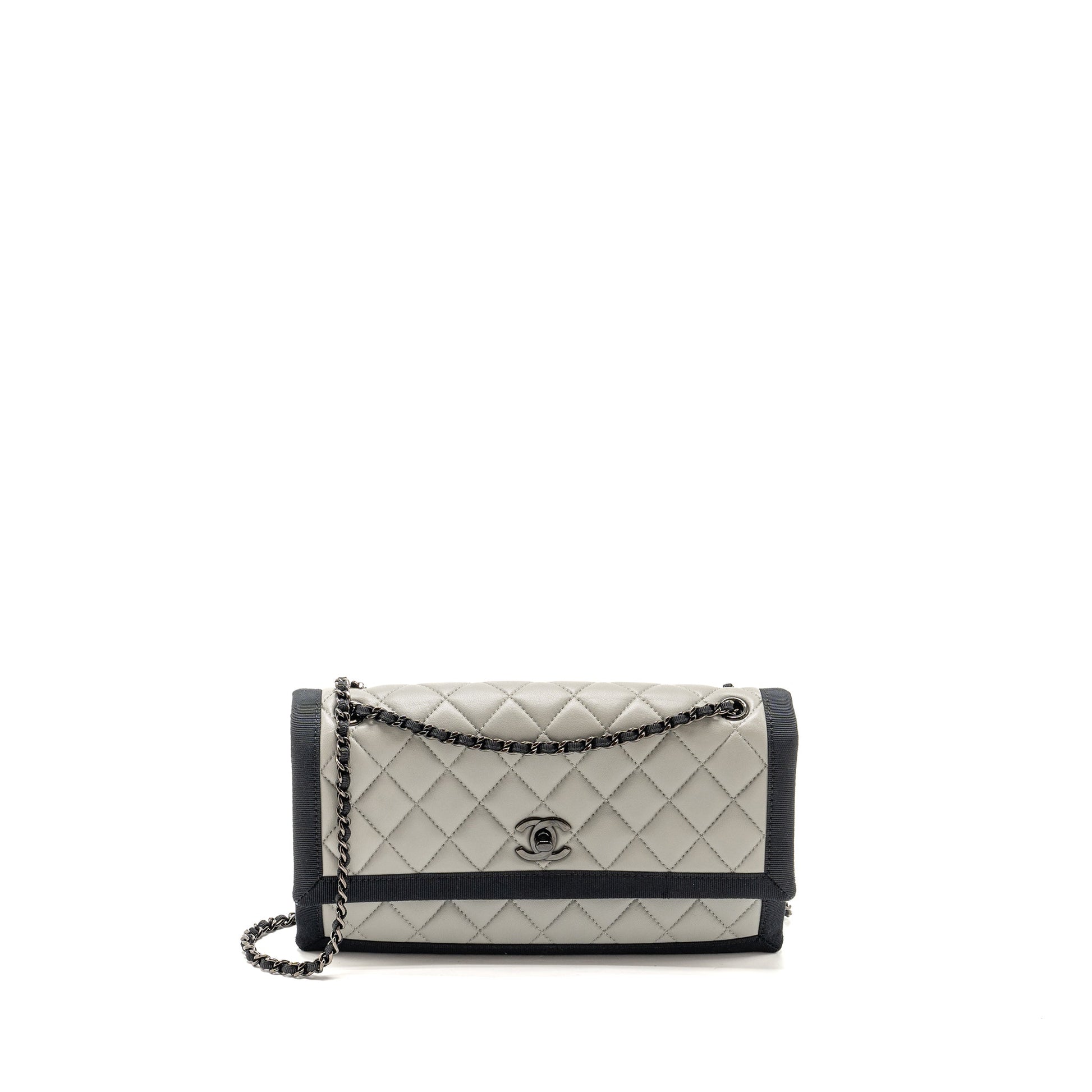 Chanel quilted flap fabric edge lambskin hardware Black Grey Handbag