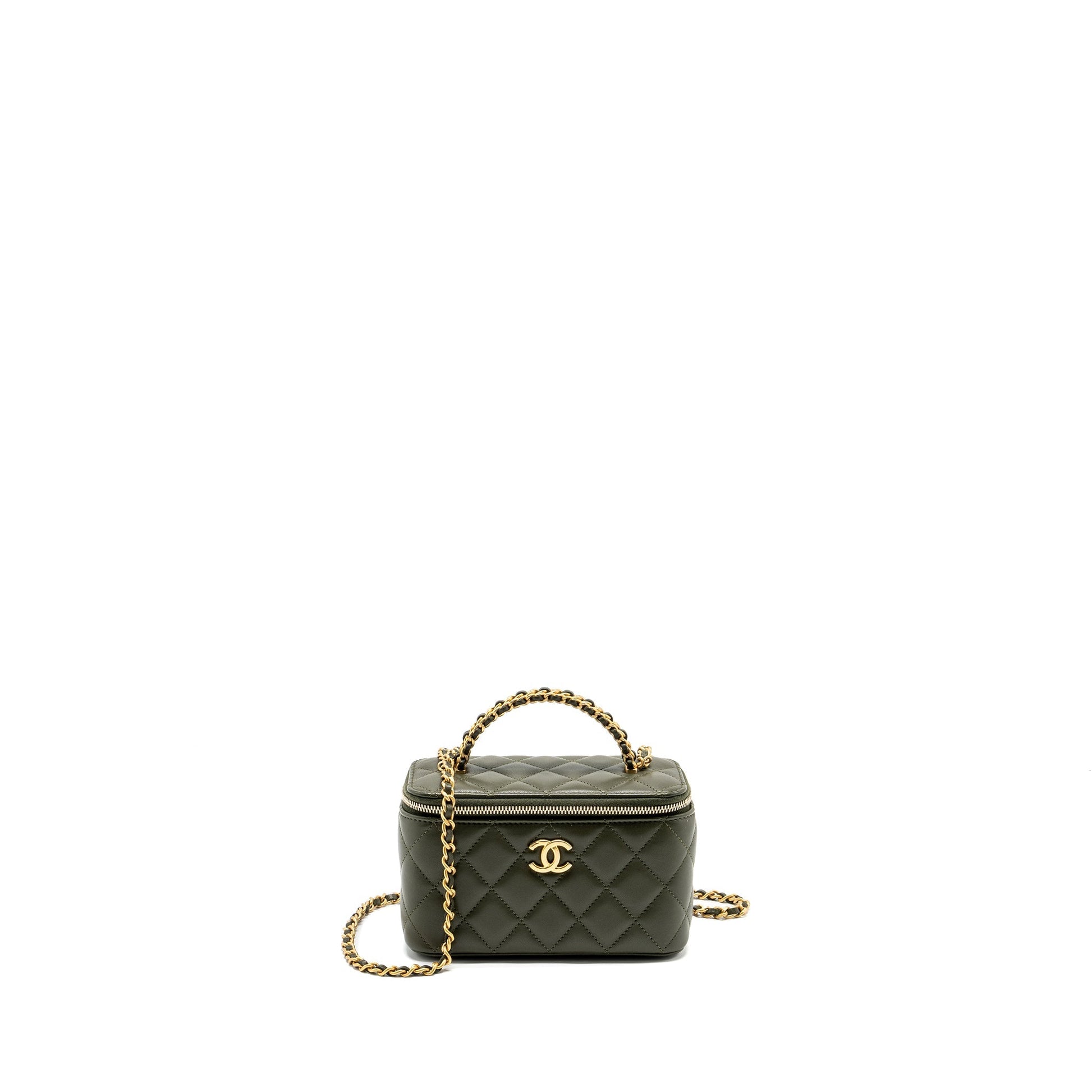 Chanel Detail Top Handle Long Vanity Lambskin Green Handbag