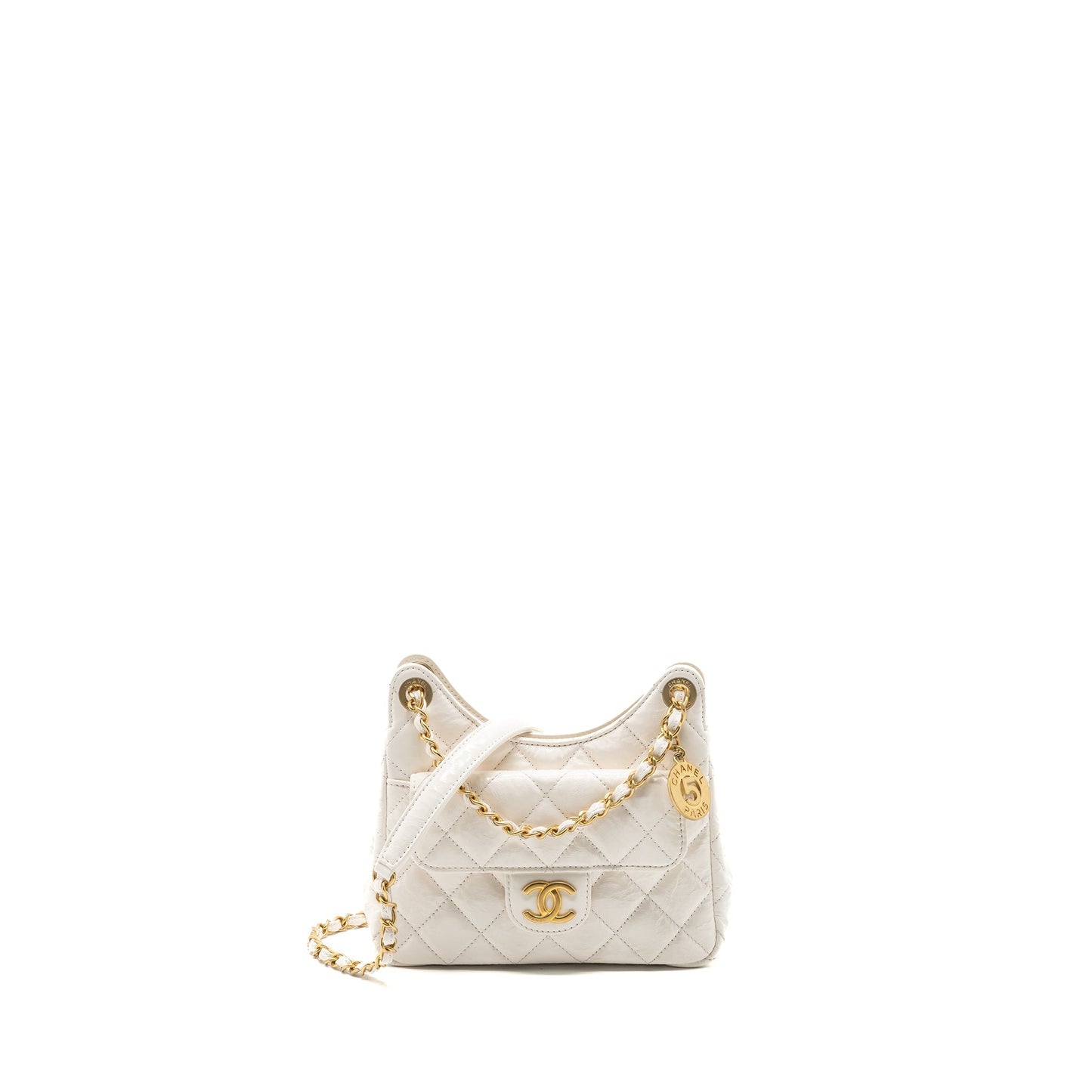 Chanel 23b Hobo Shiny Calfskin Brushed GHW White Small Shoulder Bag