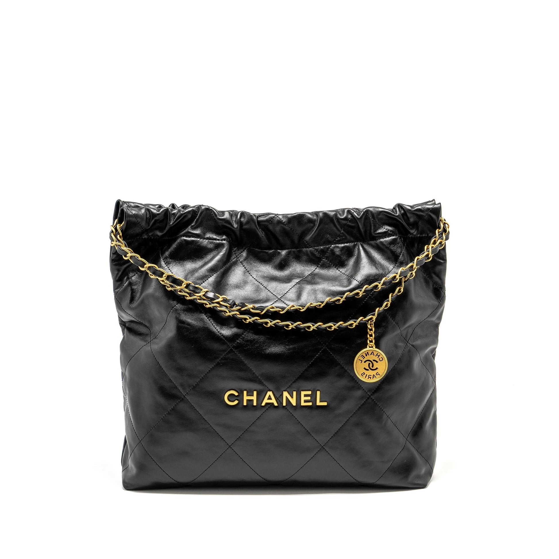 Chanel 22 Letter Shiny Calfskin GHW Microchip Black Gold Handbag