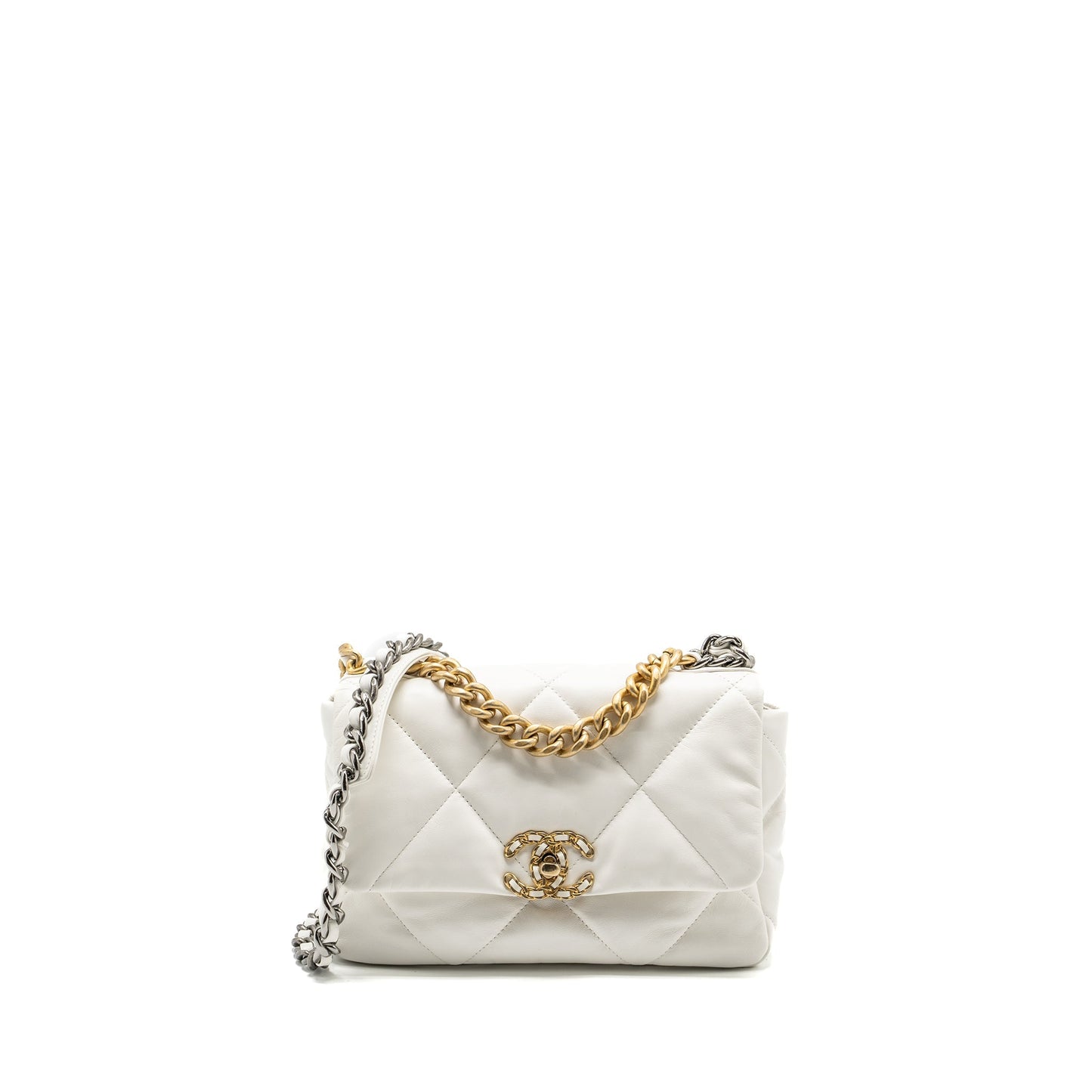 Chanel 19 Shiny Goatskin Multicoloured Hardware White Small Handbag