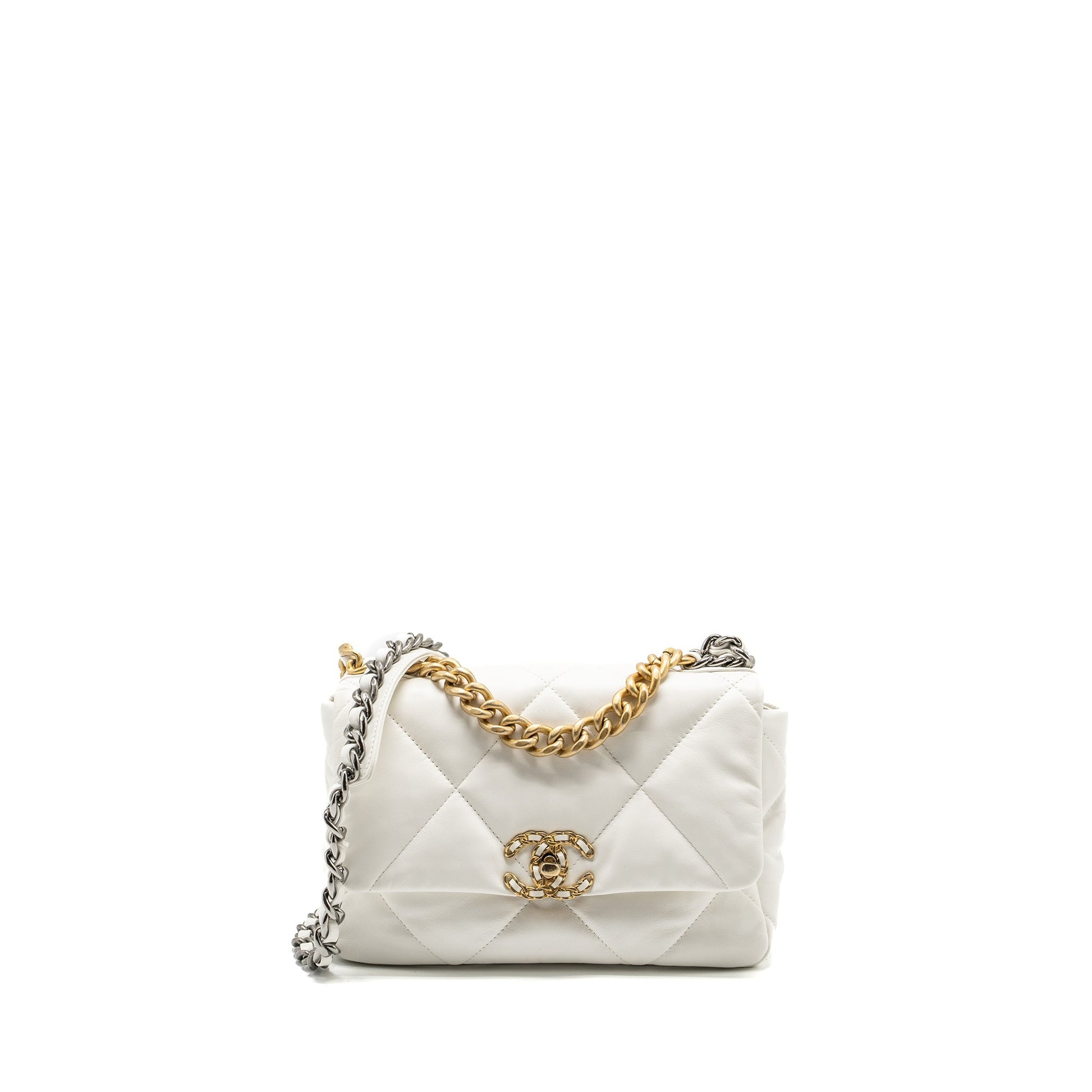 Chanel 19 Shiny Goatskin Multicoloured Hardware White Small Handbag